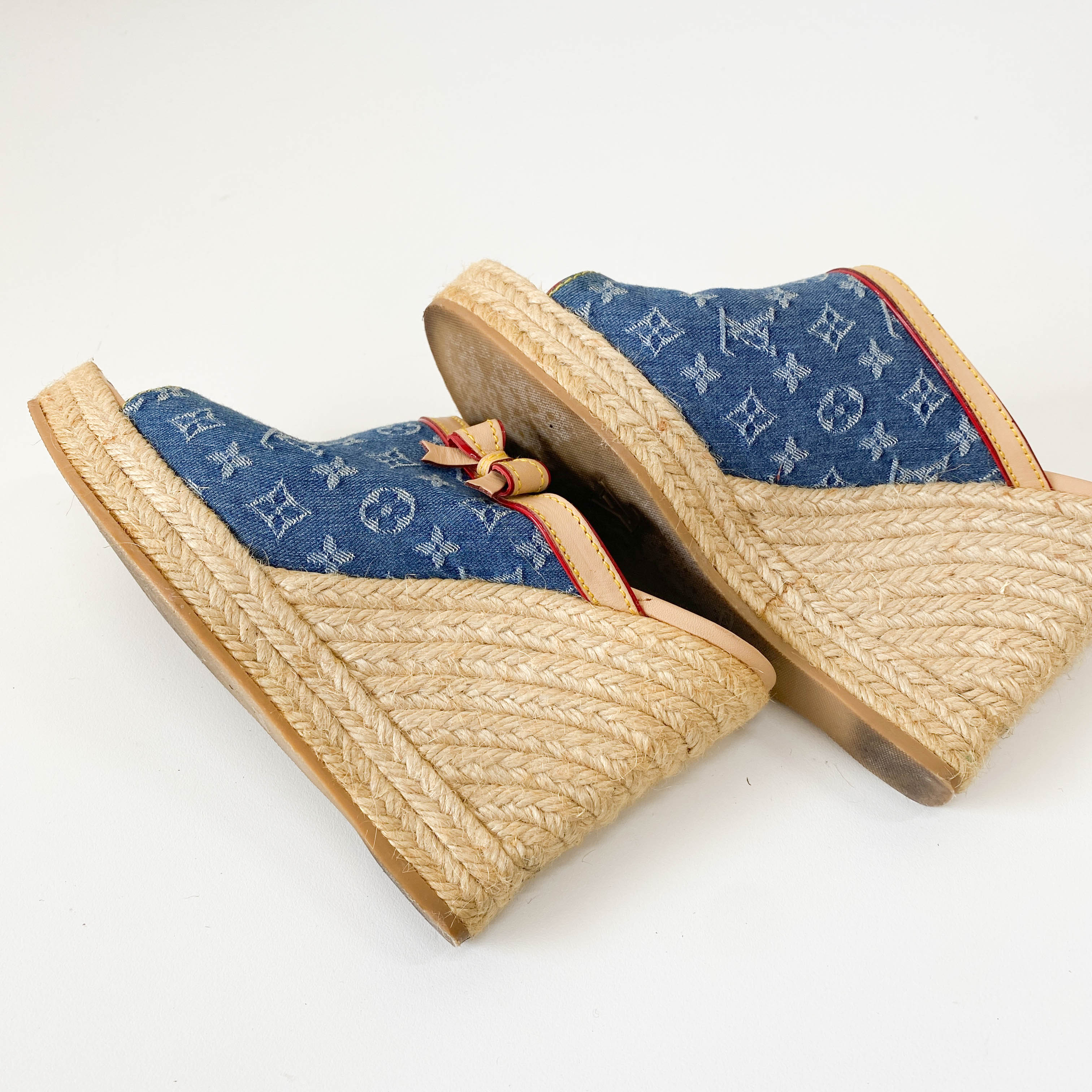 Monogram Denim and Straw Mule Sandals