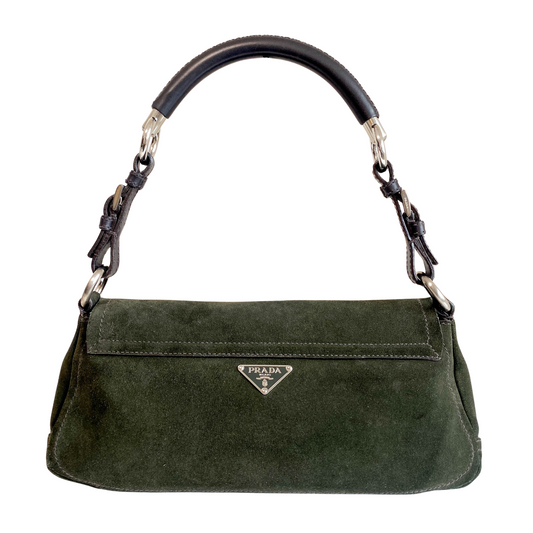 Dark Green Suede Horizontal Shoulder Bag