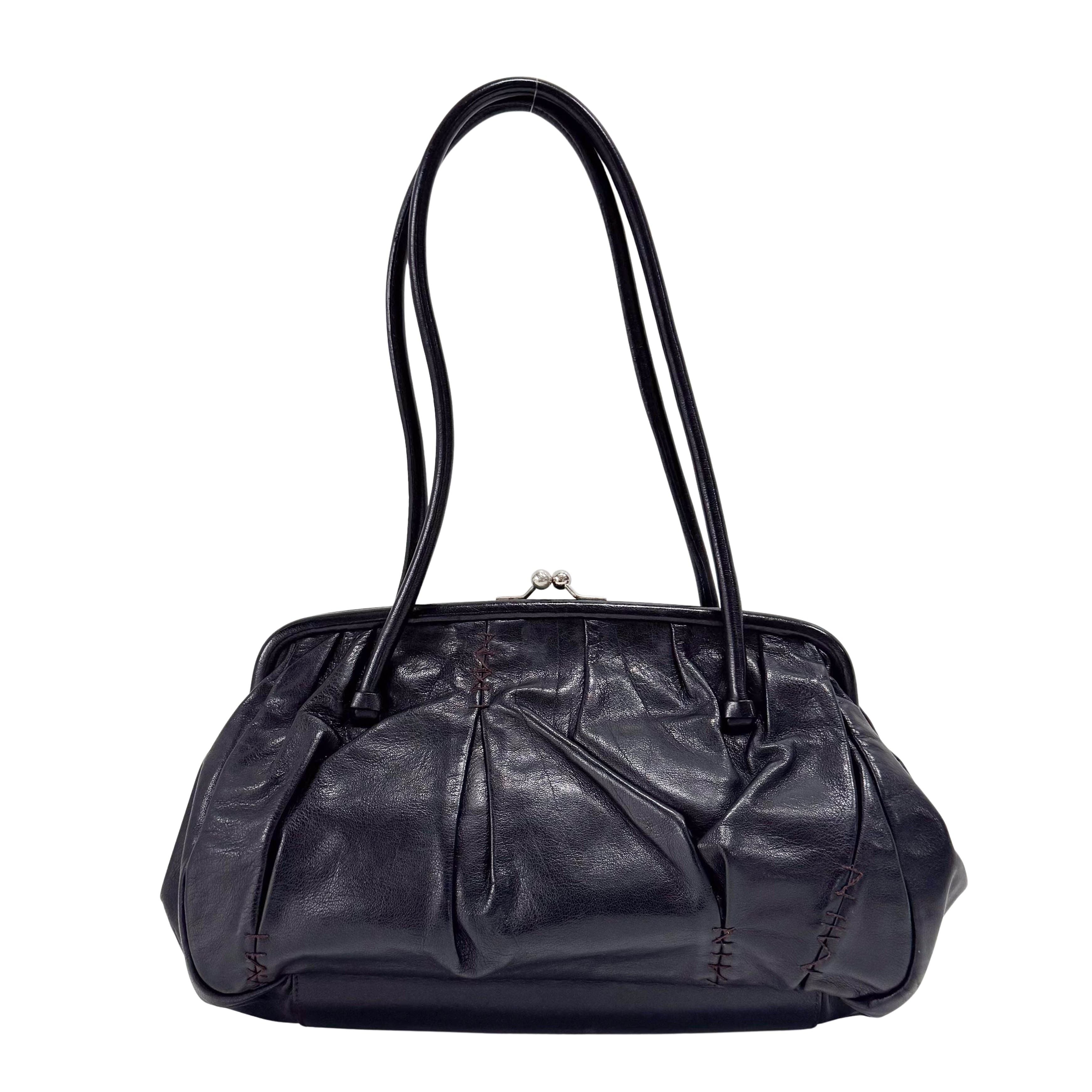 Black Leather Kisslock Frame Satchel