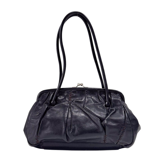 Black Leather Kisslock Frame Satchel