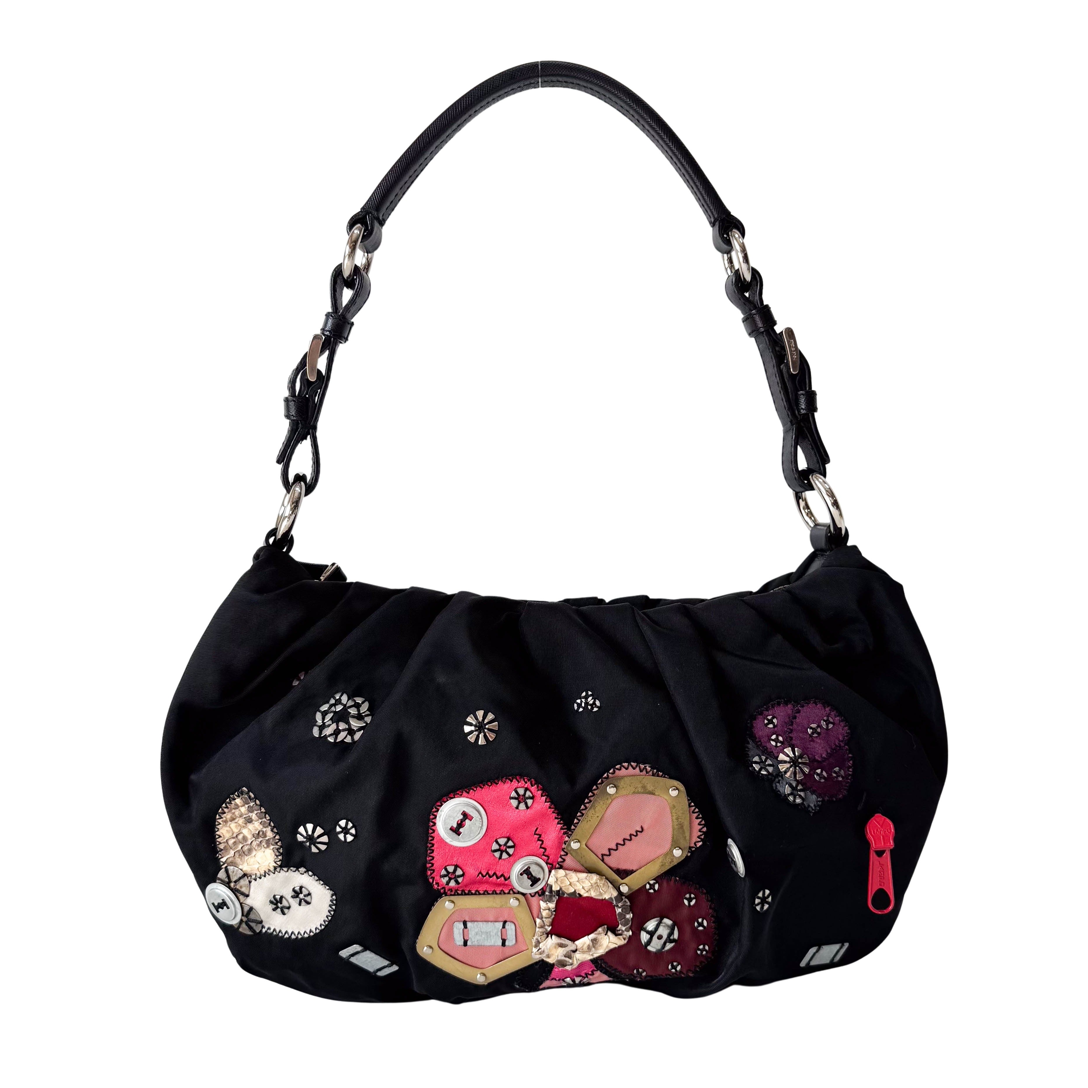 Tessuto Black Floral Motif Nylon Shoulder Bag