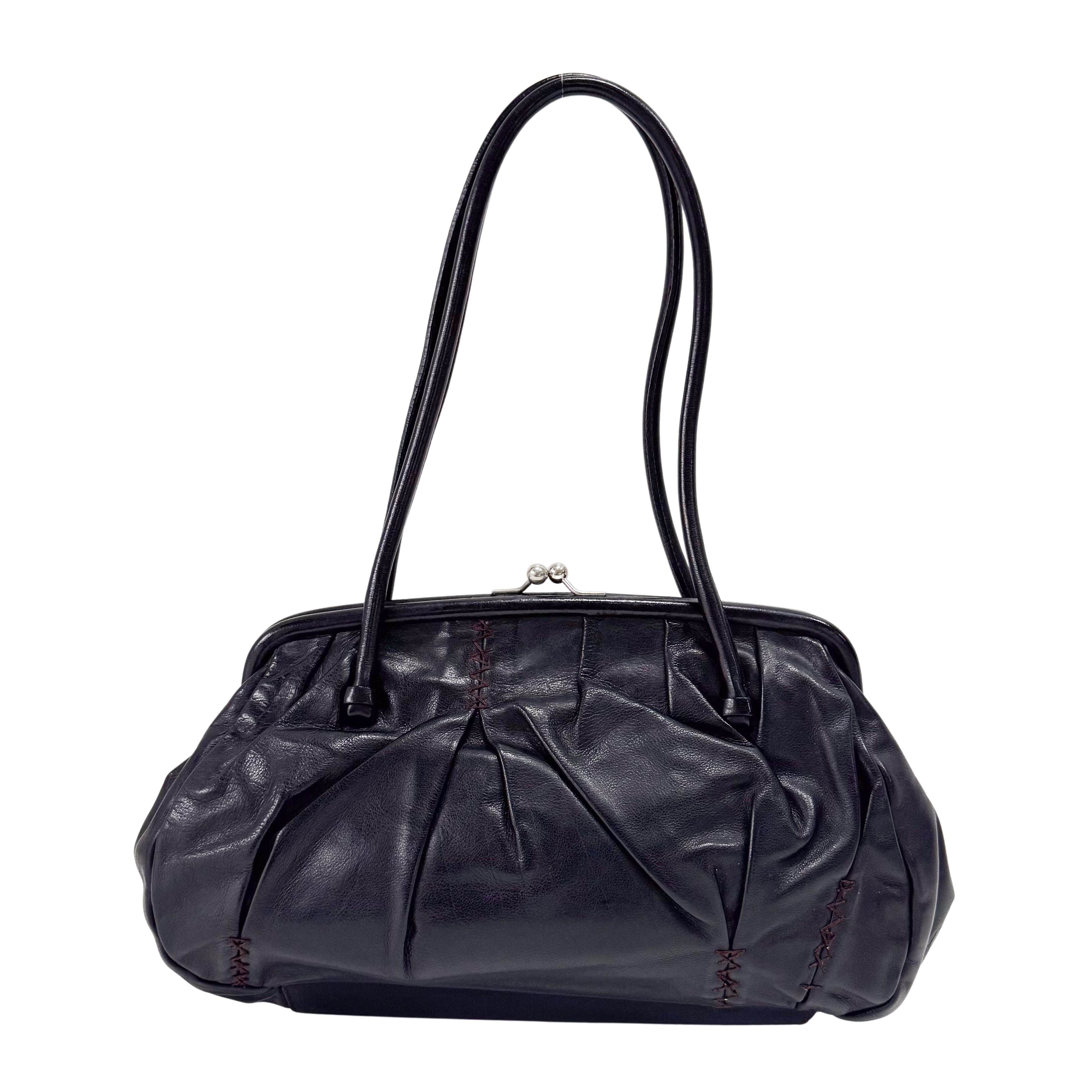 Black Leather Kisslock Frame Satchel