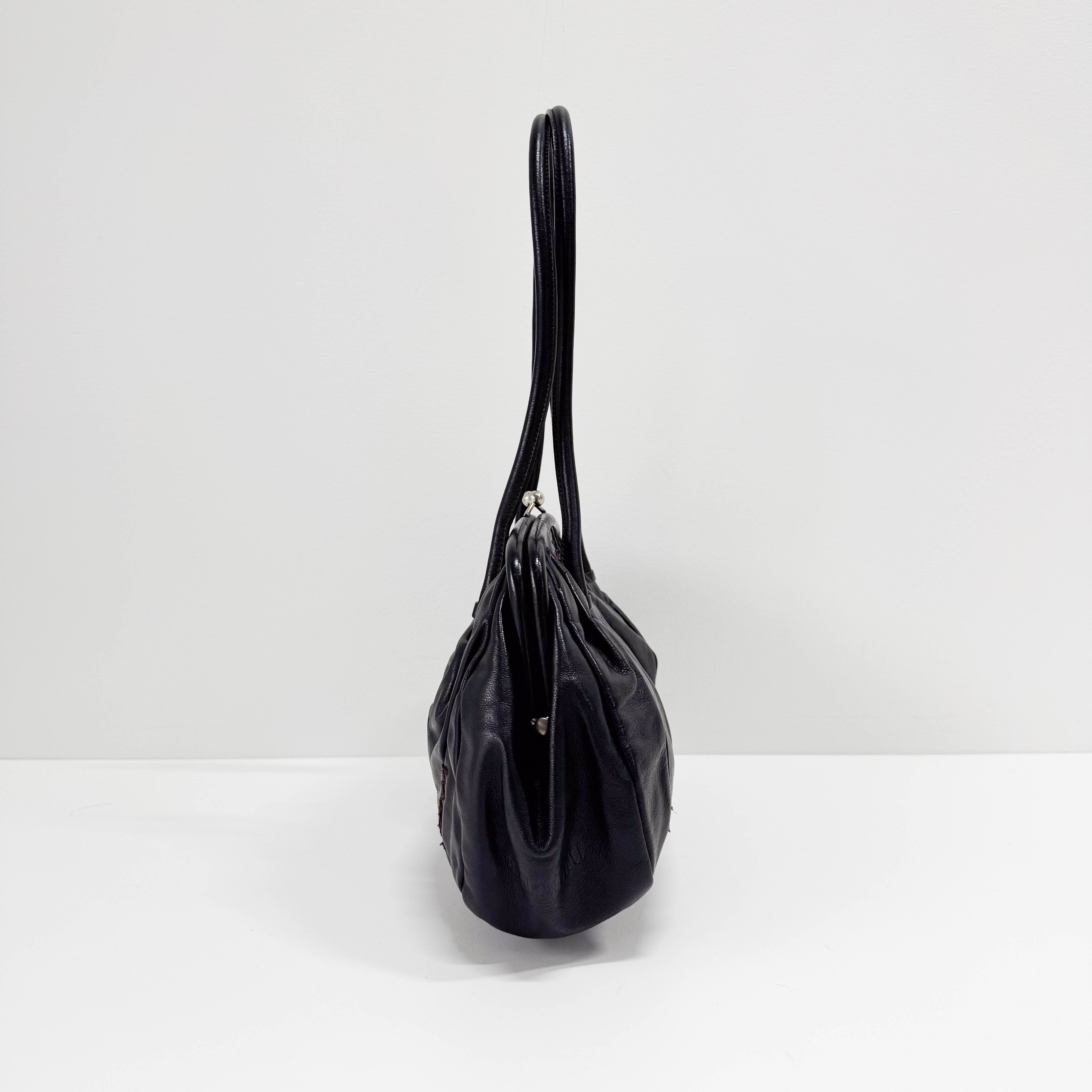 Black Leather Kisslock Frame Satchel