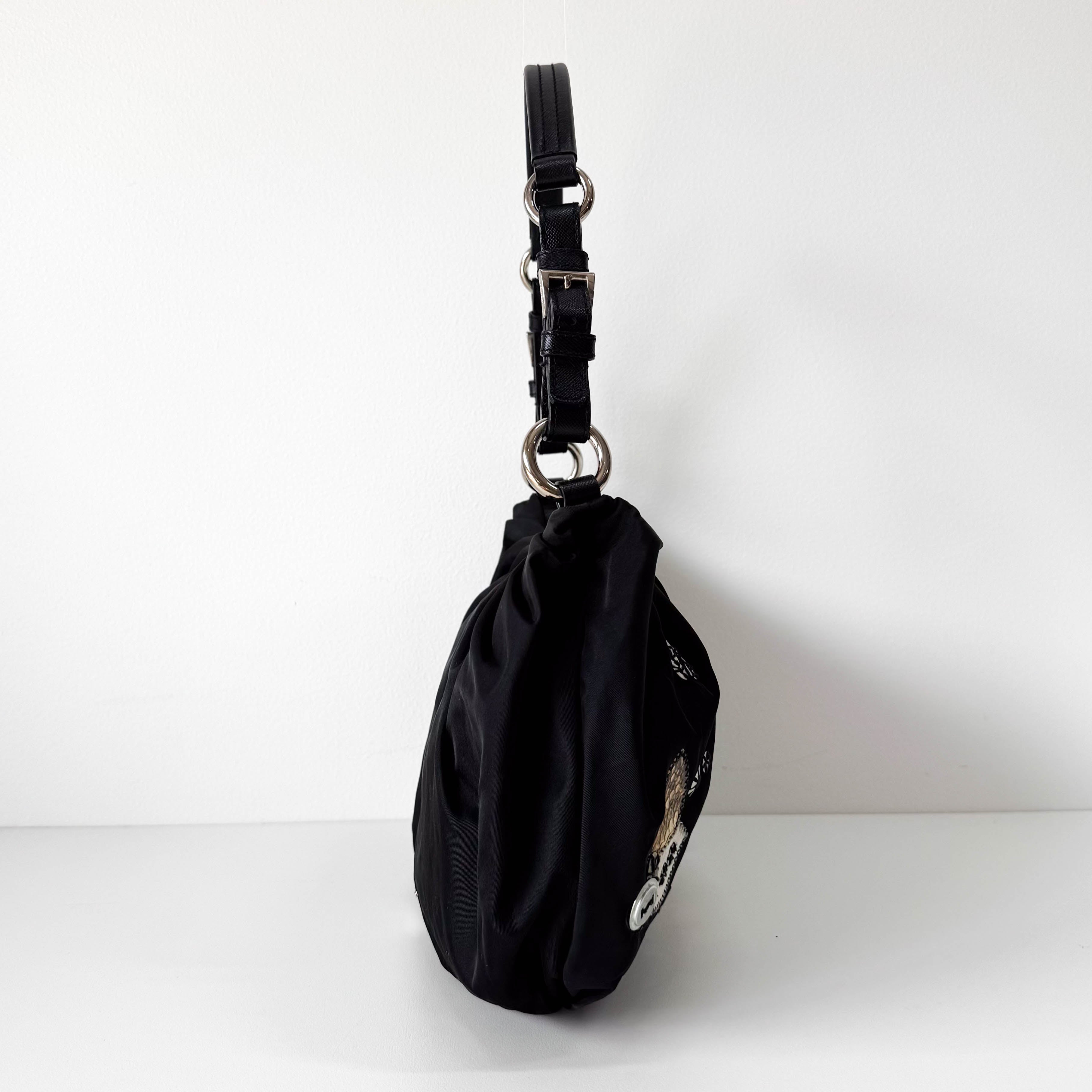 Tessuto Black Floral Motif Nylon Shoulder Bag