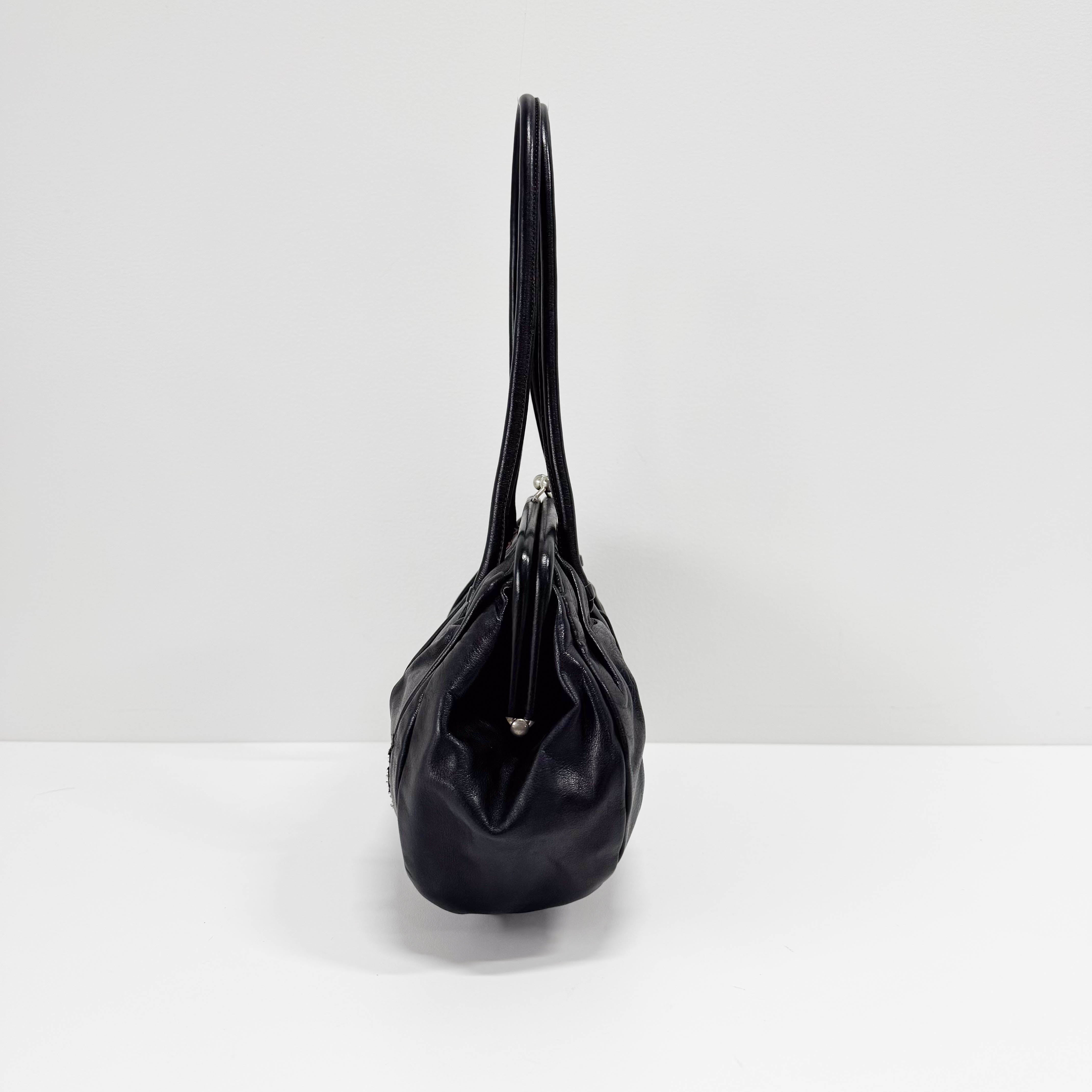 Black Leather Kisslock Frame Satchel