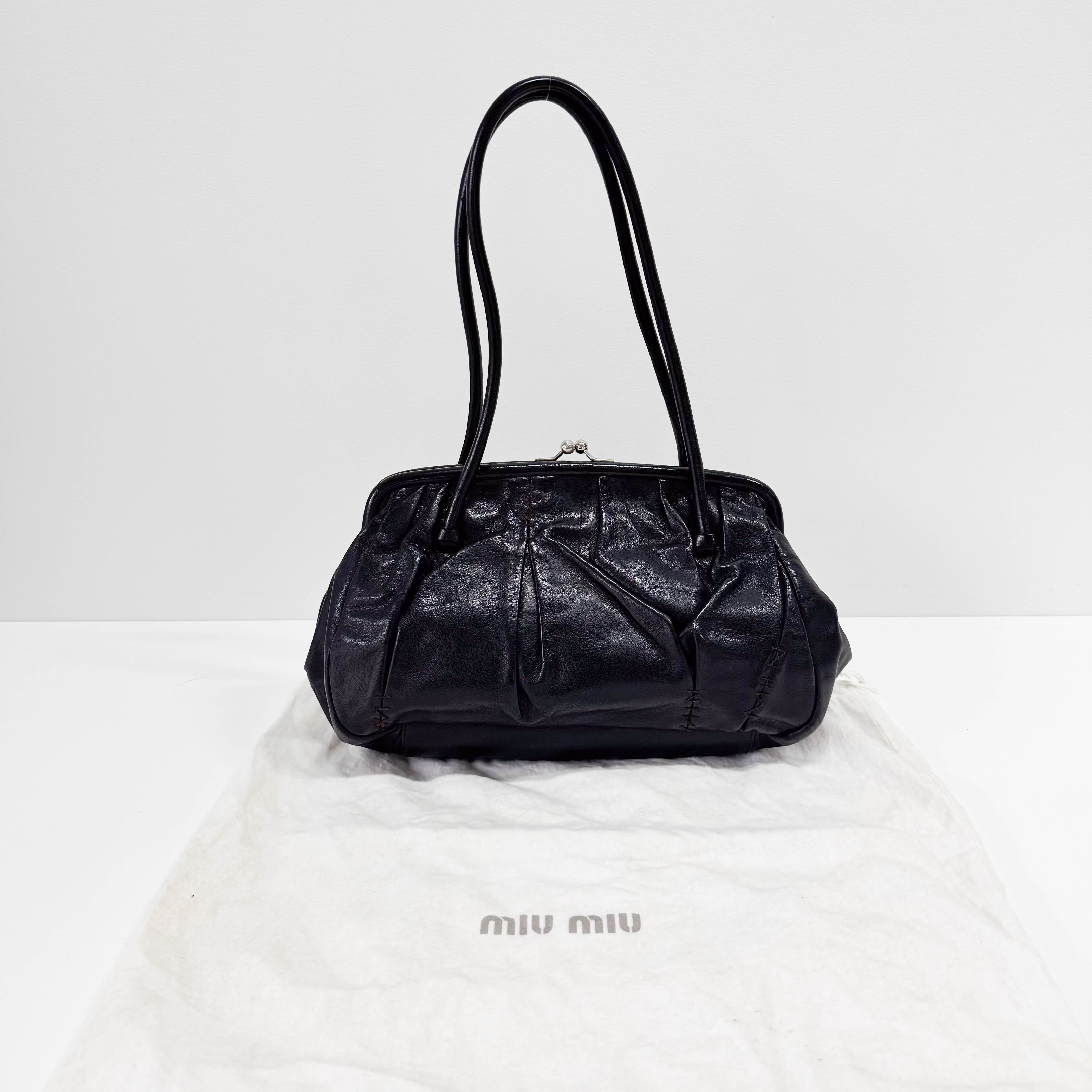 Black Leather Kisslock Frame Satchel