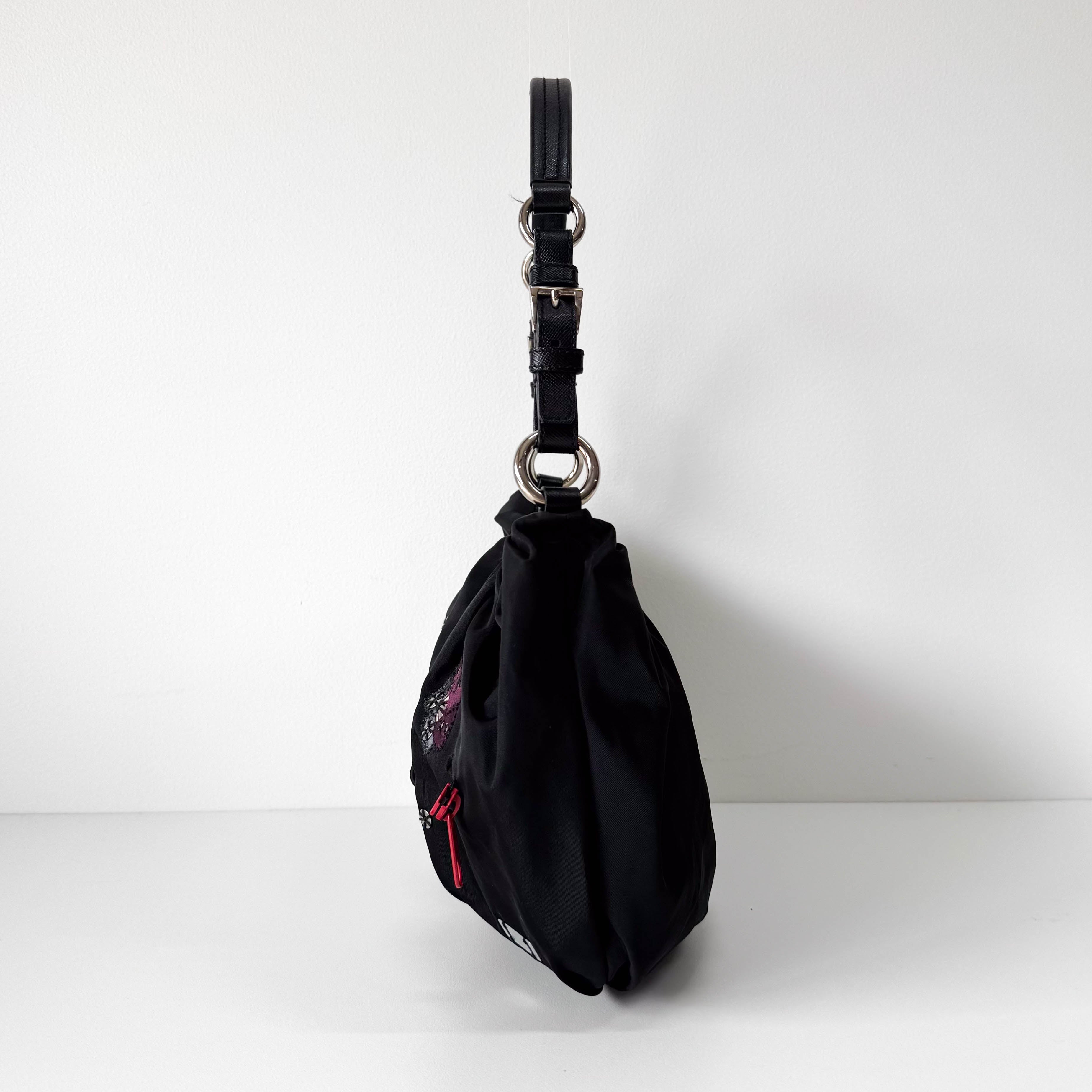 Tessuto Black Floral Motif Nylon Shoulder Bag