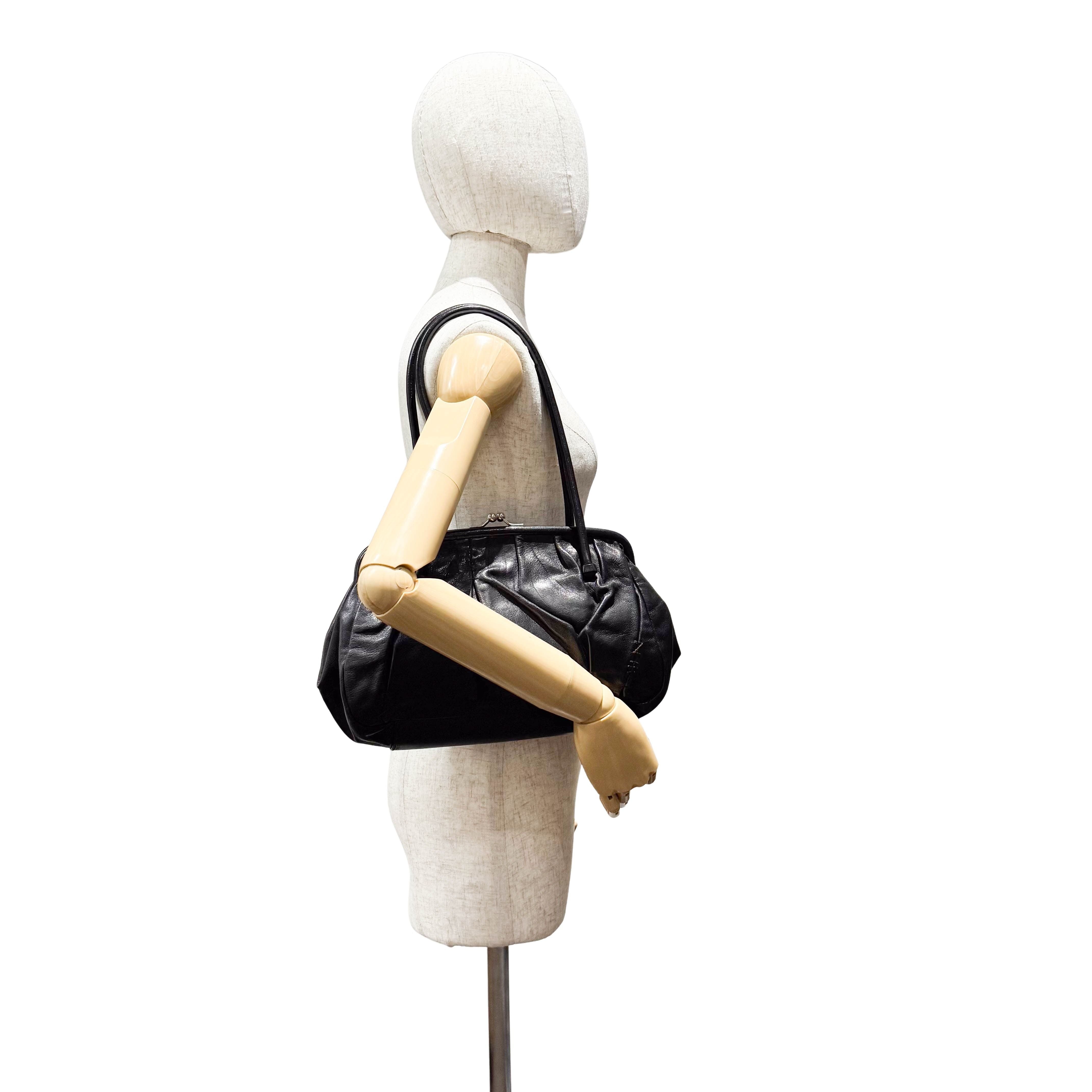 Black Leather Kisslock Frame Satchel