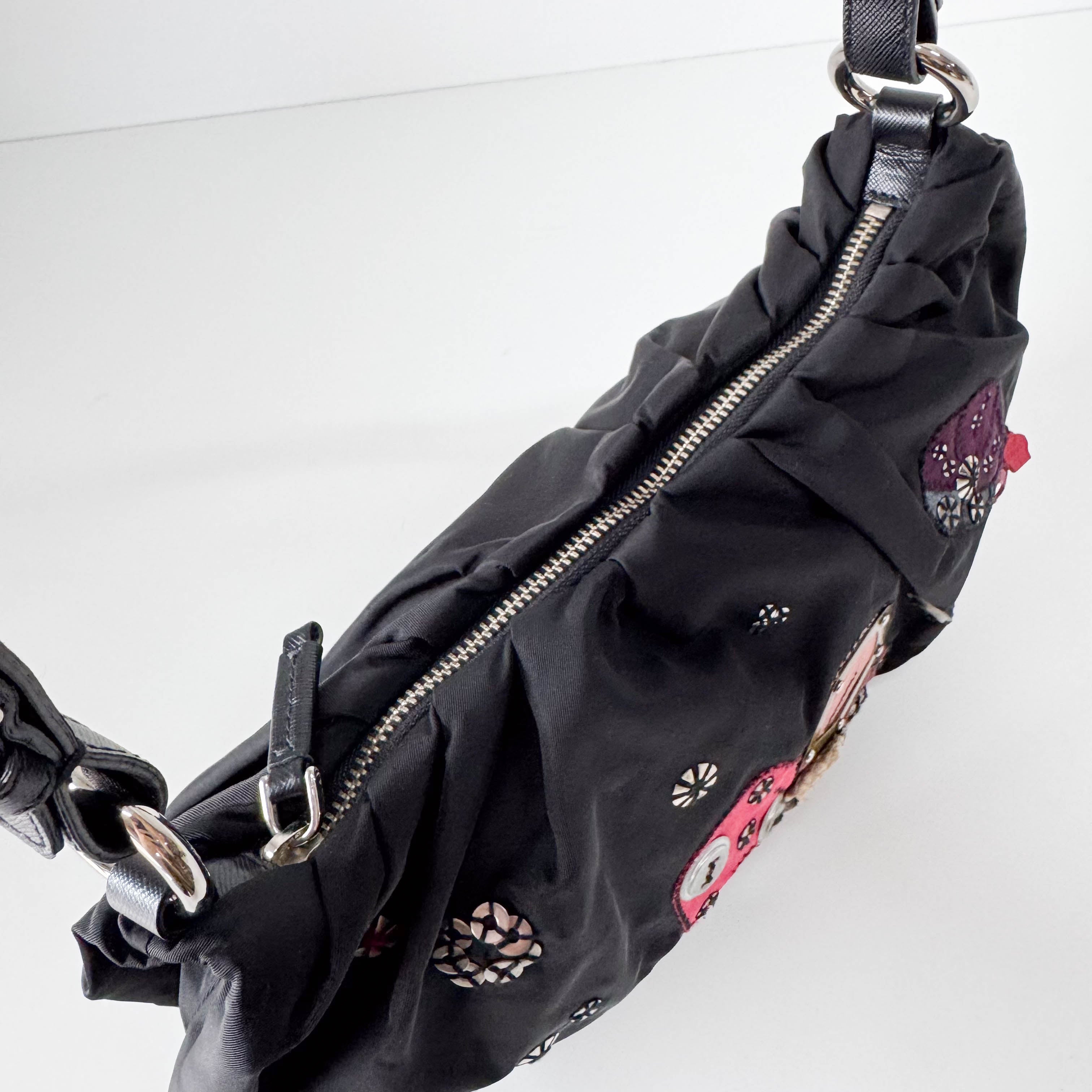 Tessuto Black Floral Motif Nylon Shoulder Bag