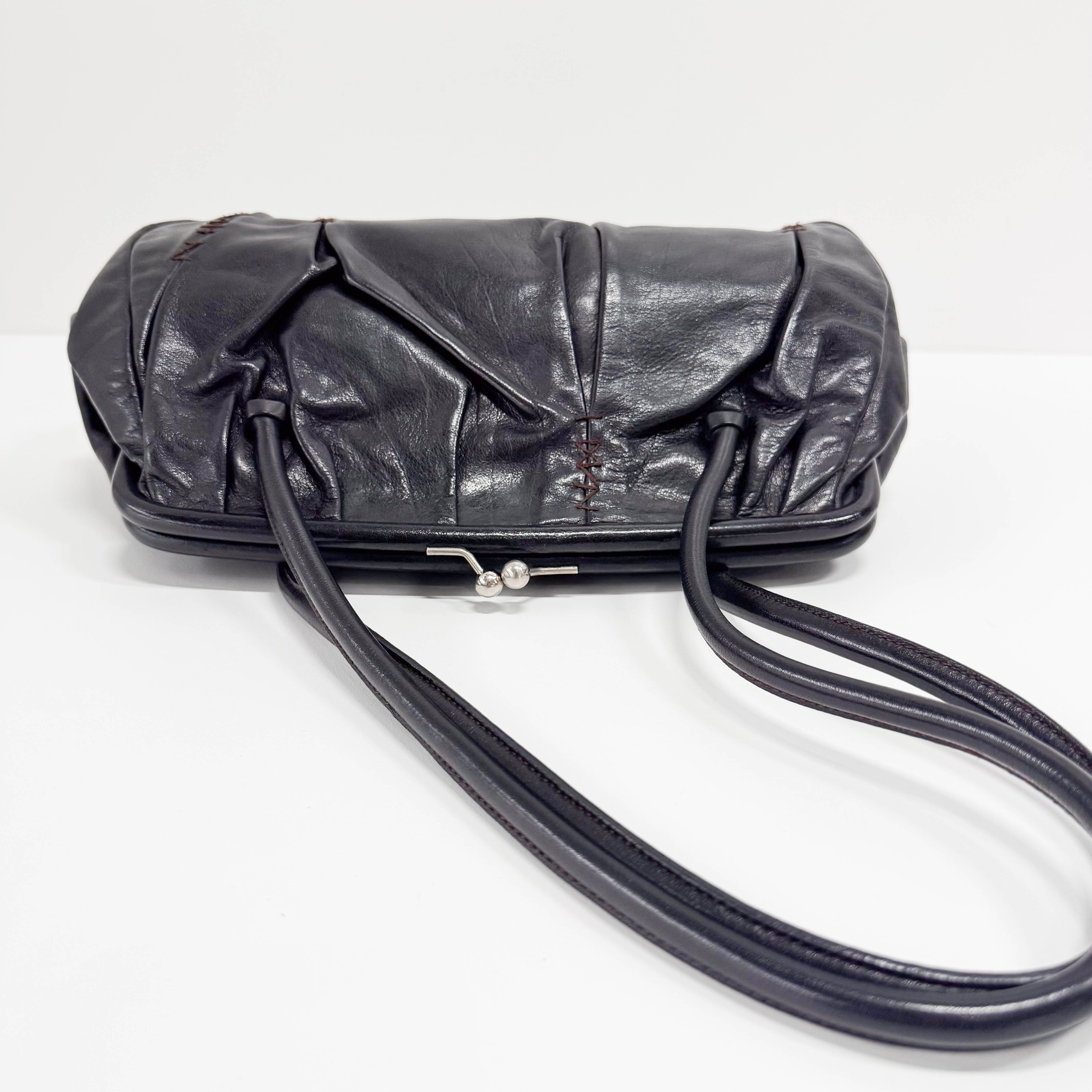 Black Leather Kisslock Frame Satchel