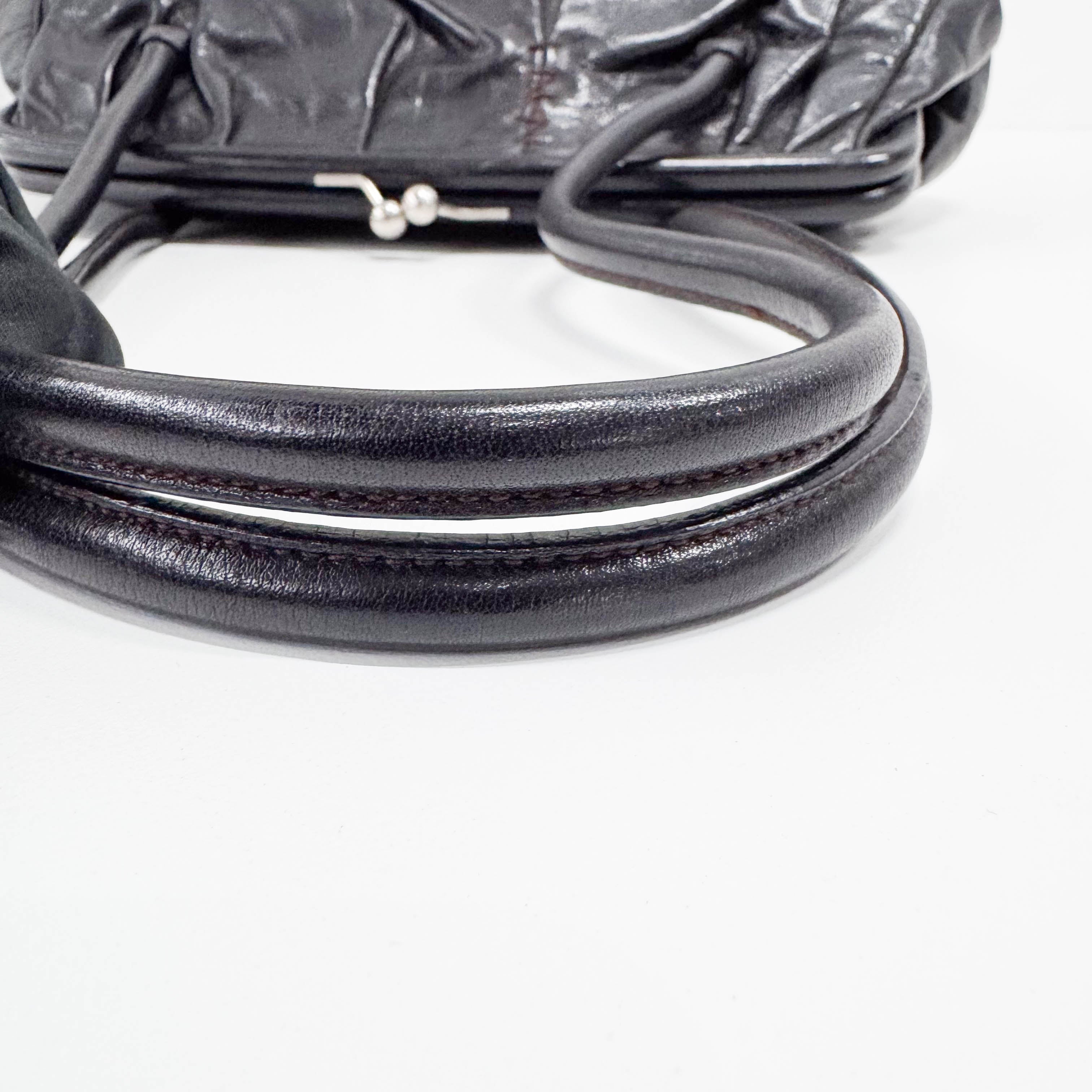 Black Leather Kisslock Frame Satchel