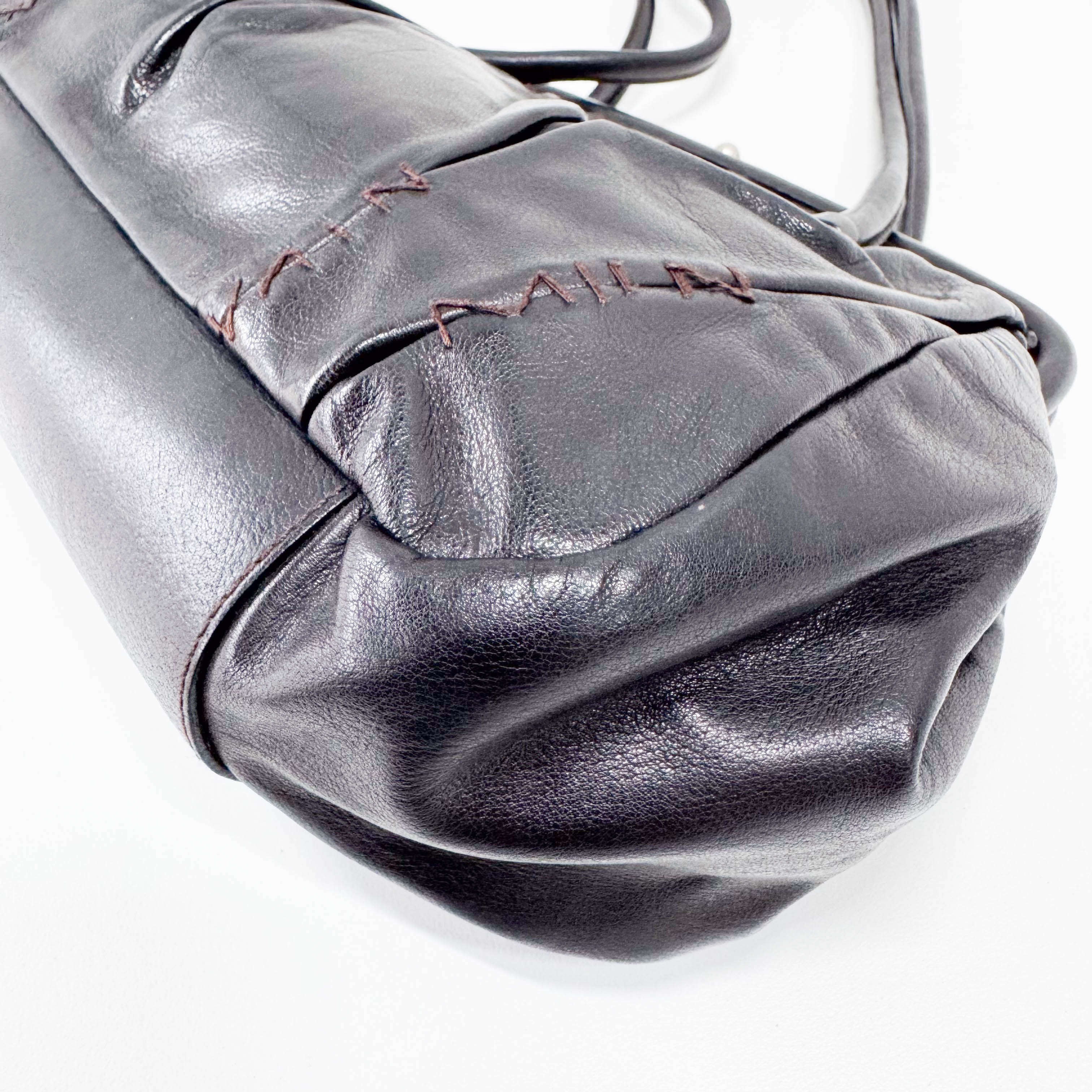 Black Leather Kisslock Frame Satchel