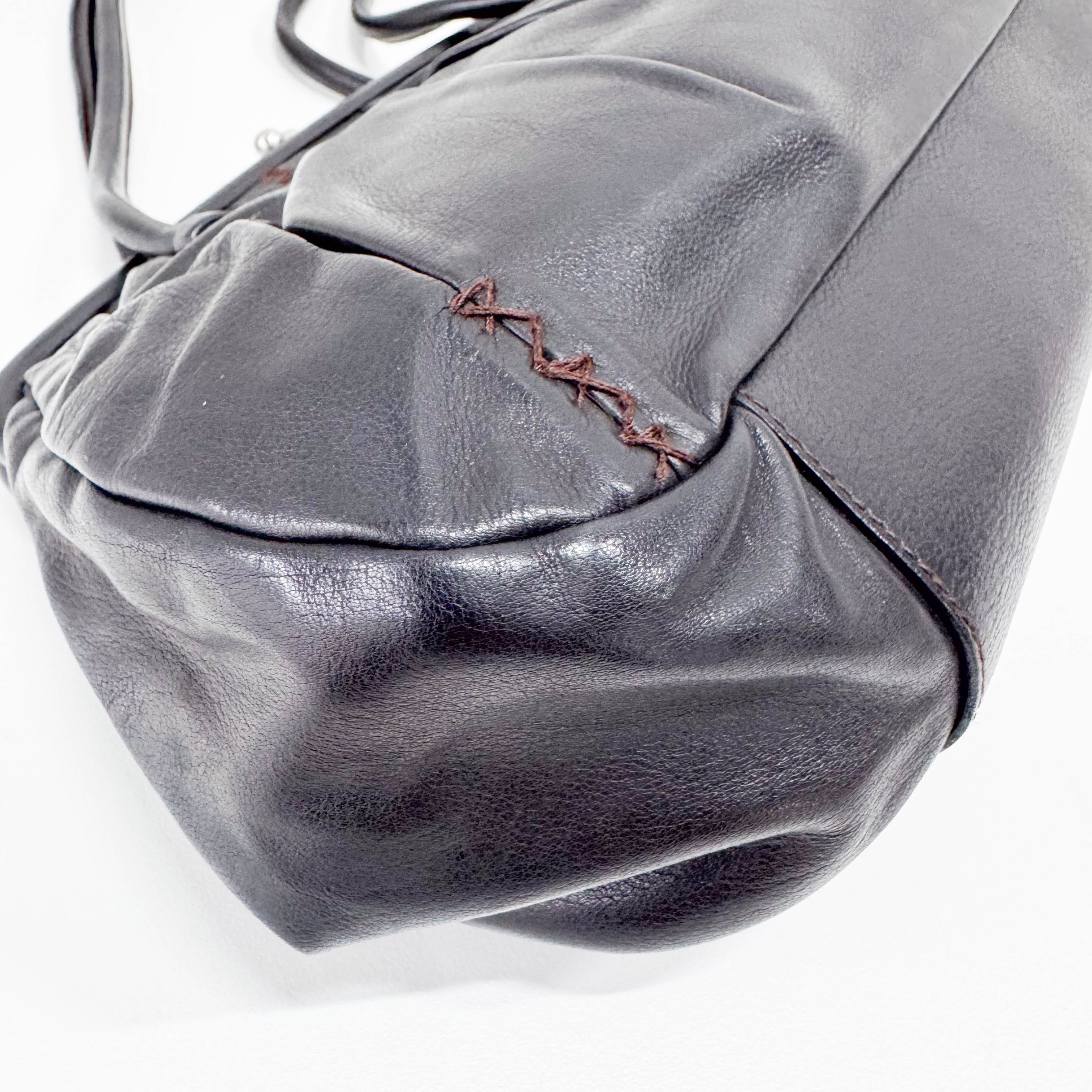 Black Leather Kisslock Frame Satchel