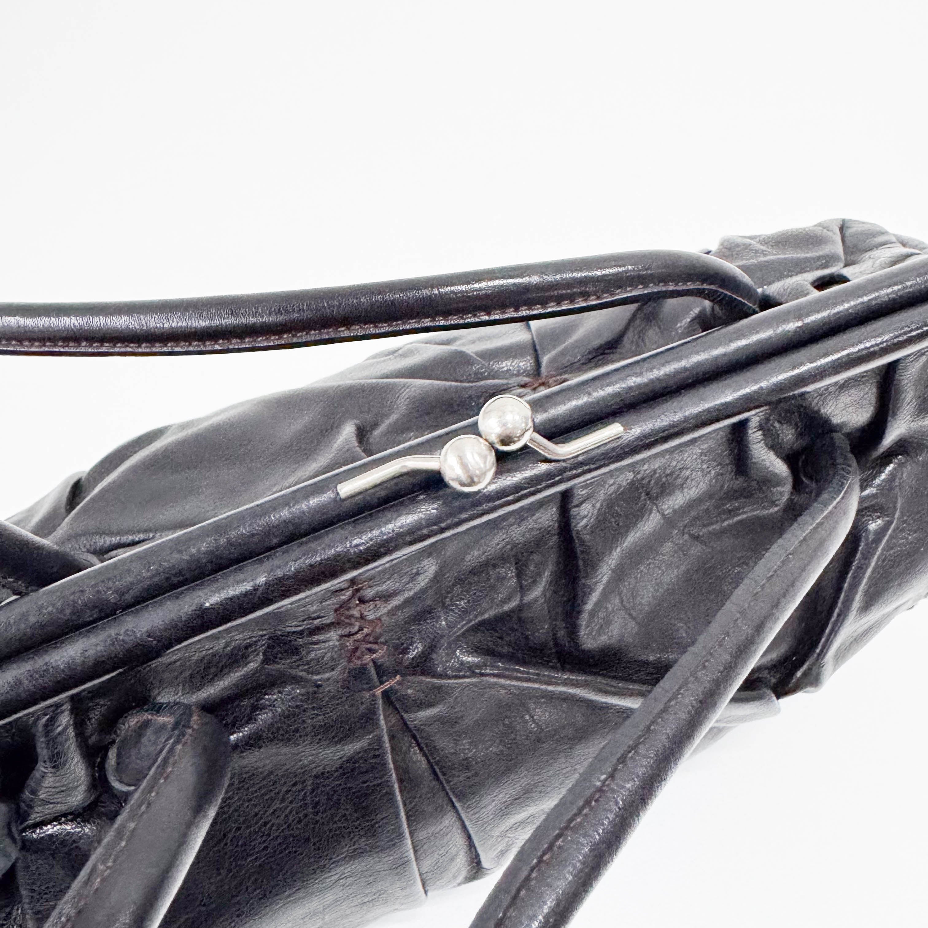 Black Leather Kisslock Frame Satchel
