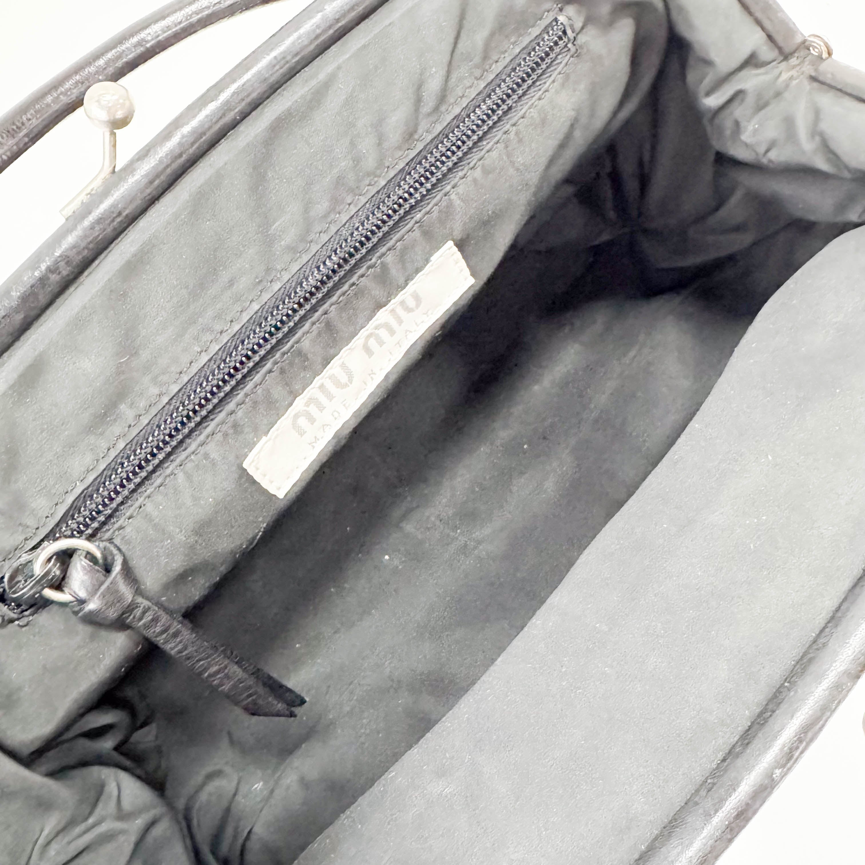 Black Leather Kisslock Frame Satchel