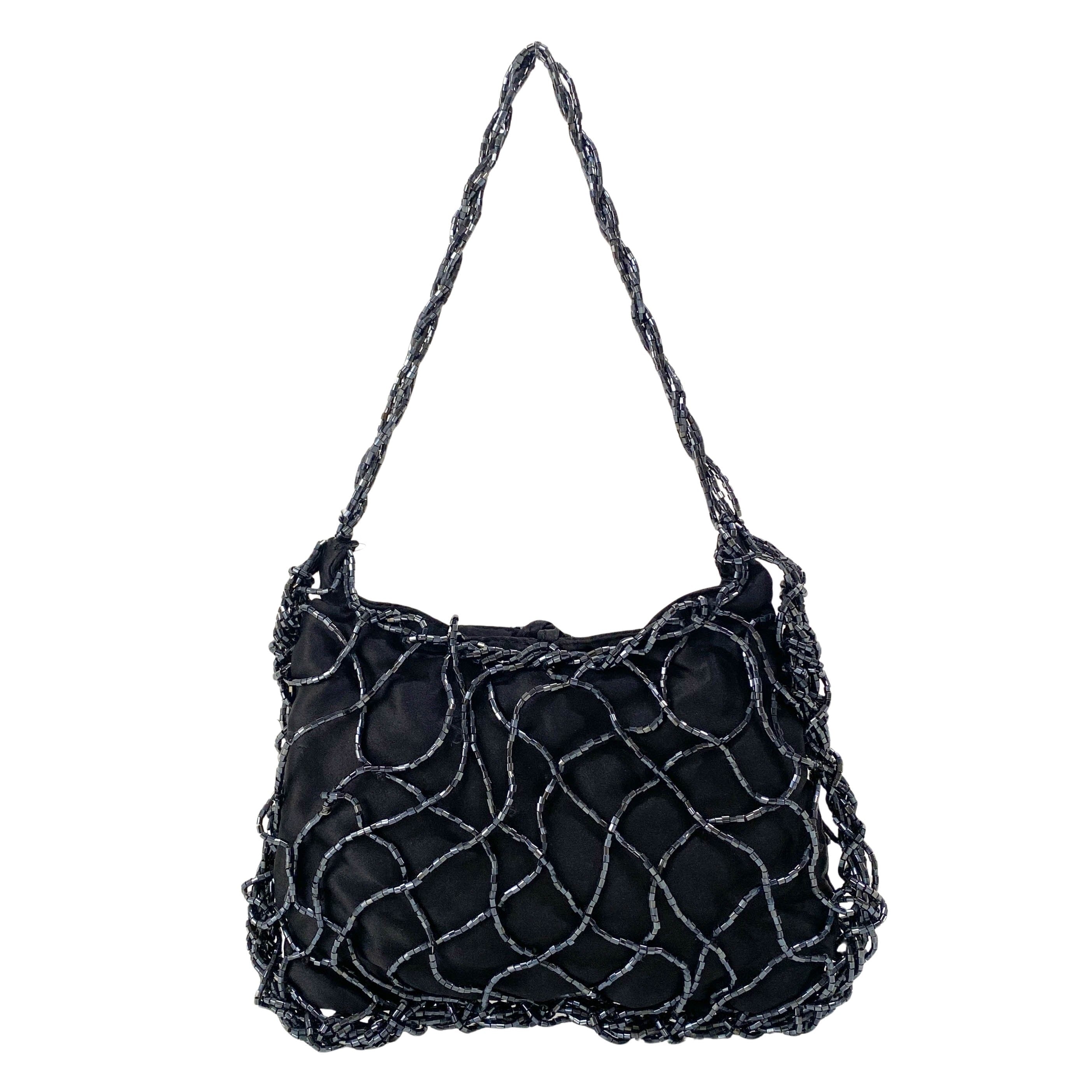 Mini Black Satin and Beads Handbag