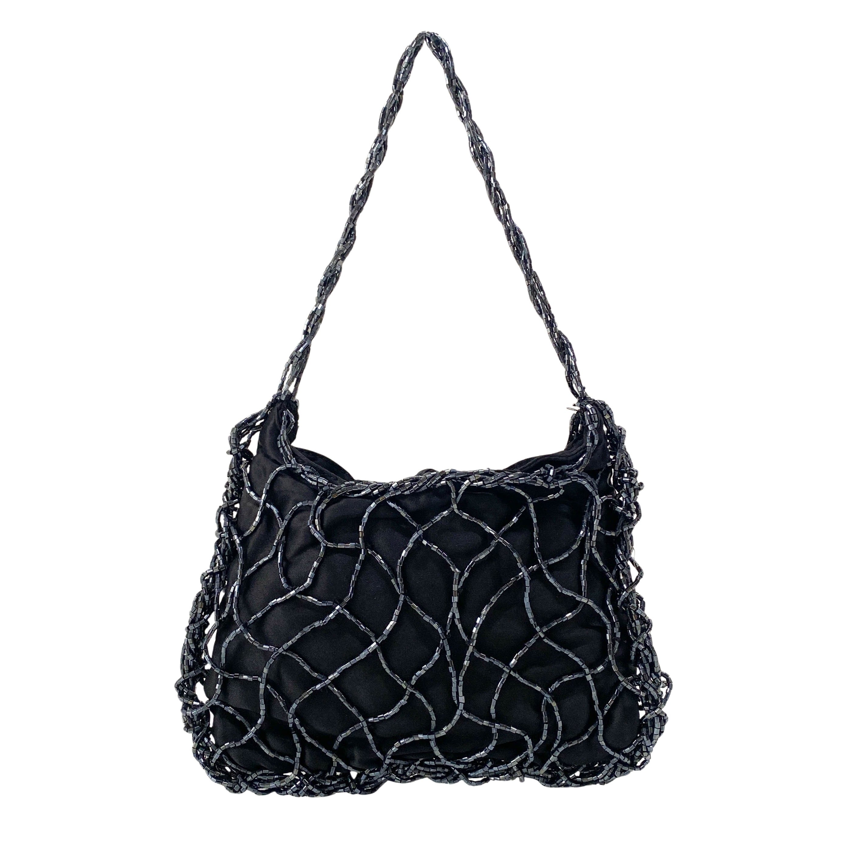 Mini Black Satin and Beads Handbag