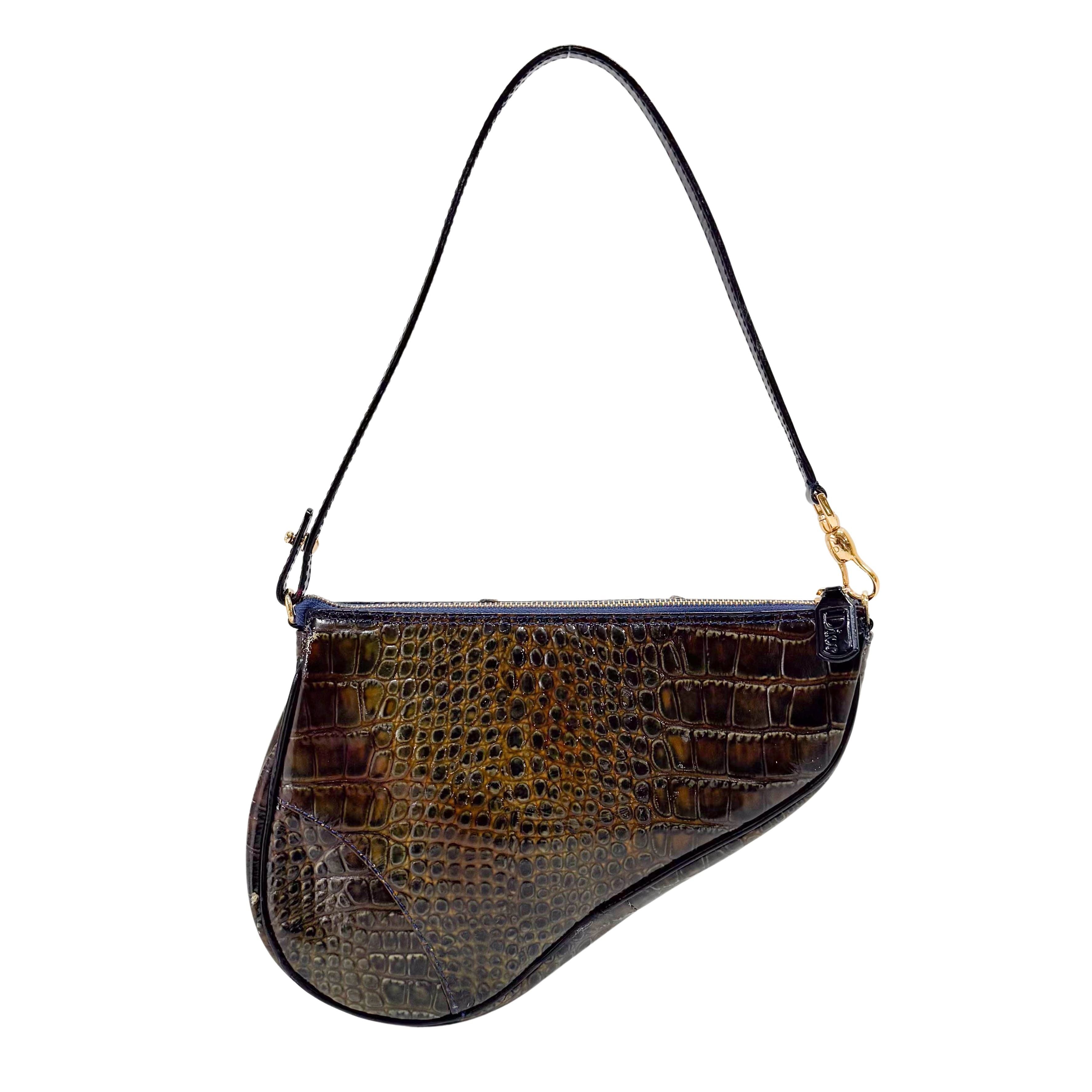 Mini Saddle Crocodile Embossed Leather Shoulder Bag