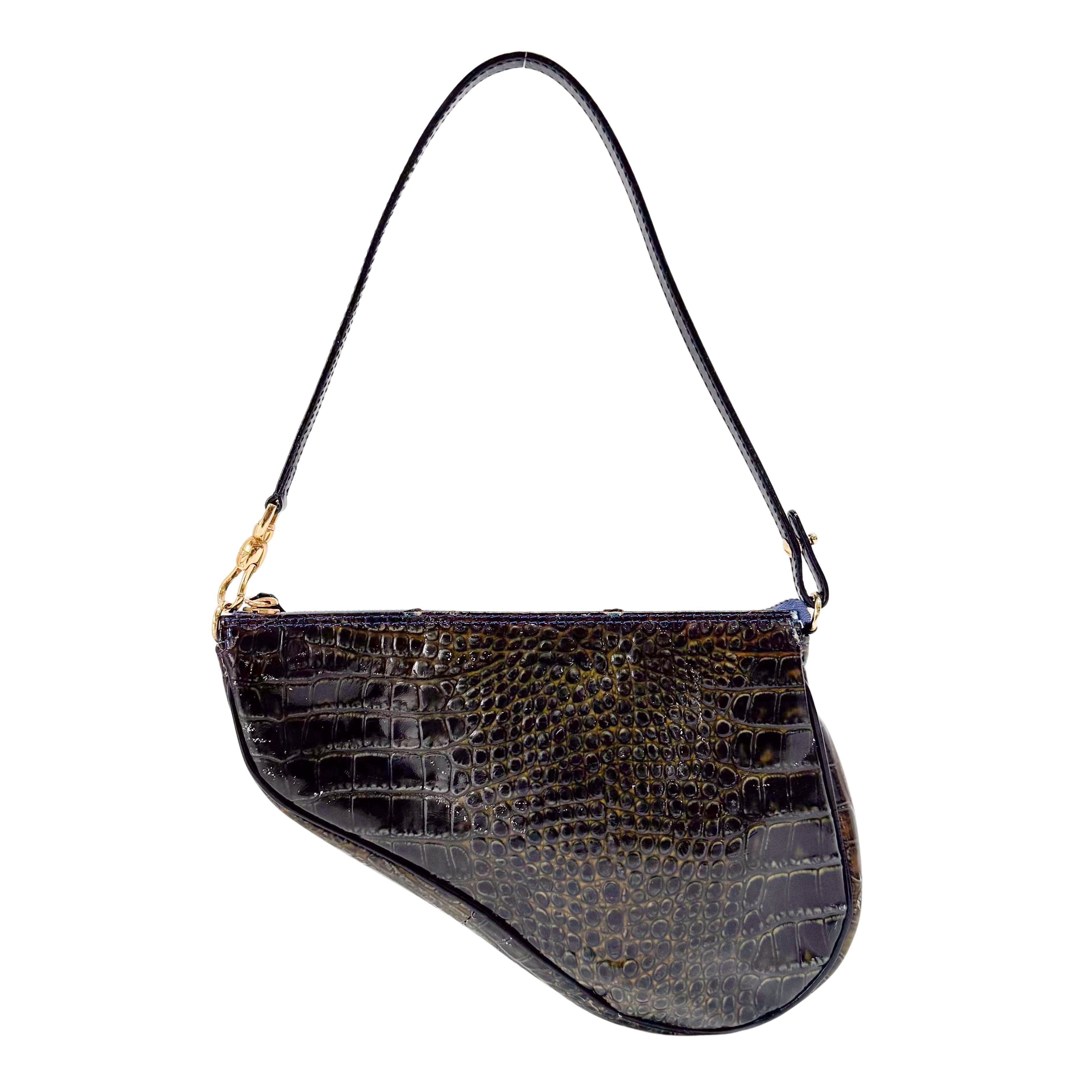 Mini Saddle Crocodile Embossed Leather Shoulder Bag