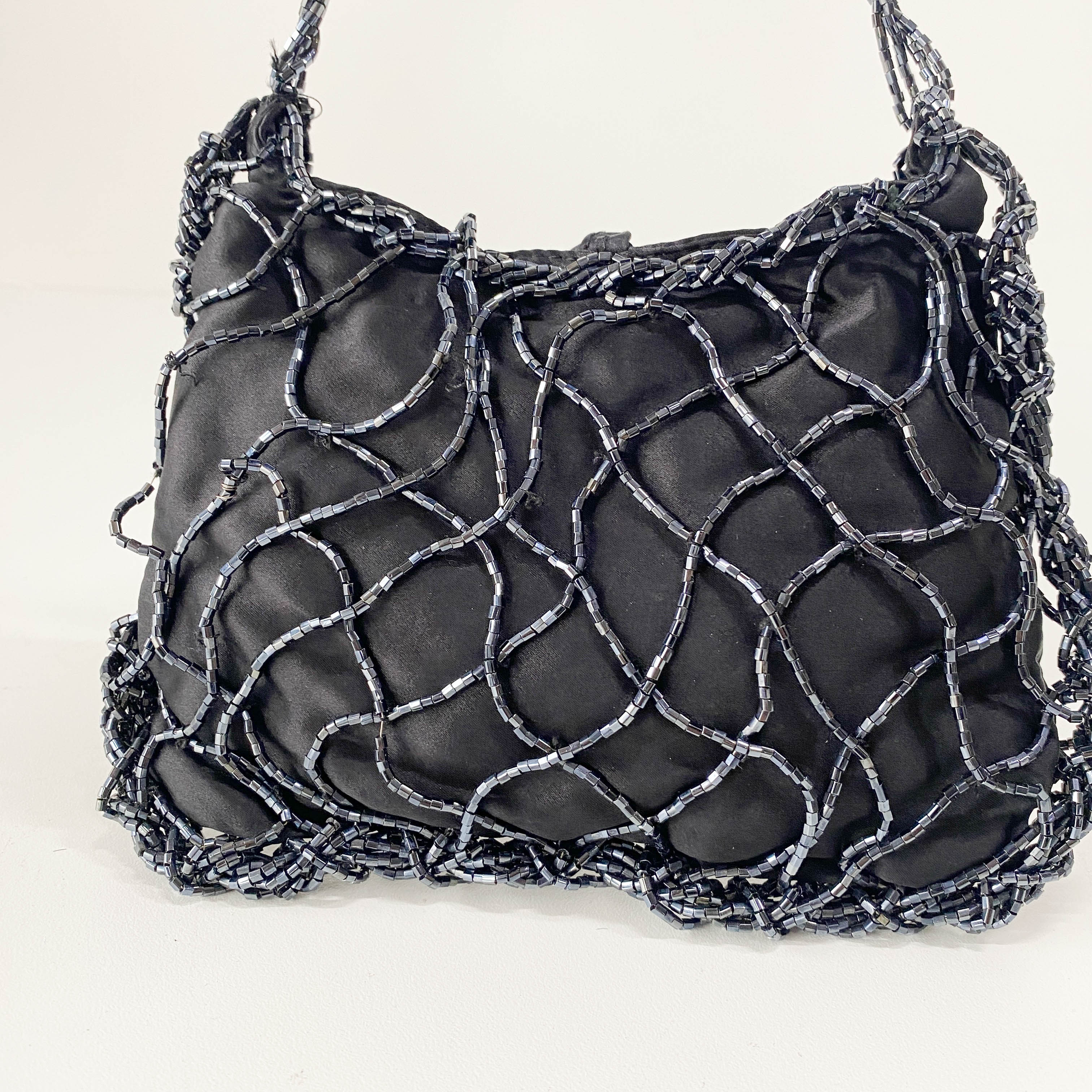 Mini Black Satin and Beads Handbag