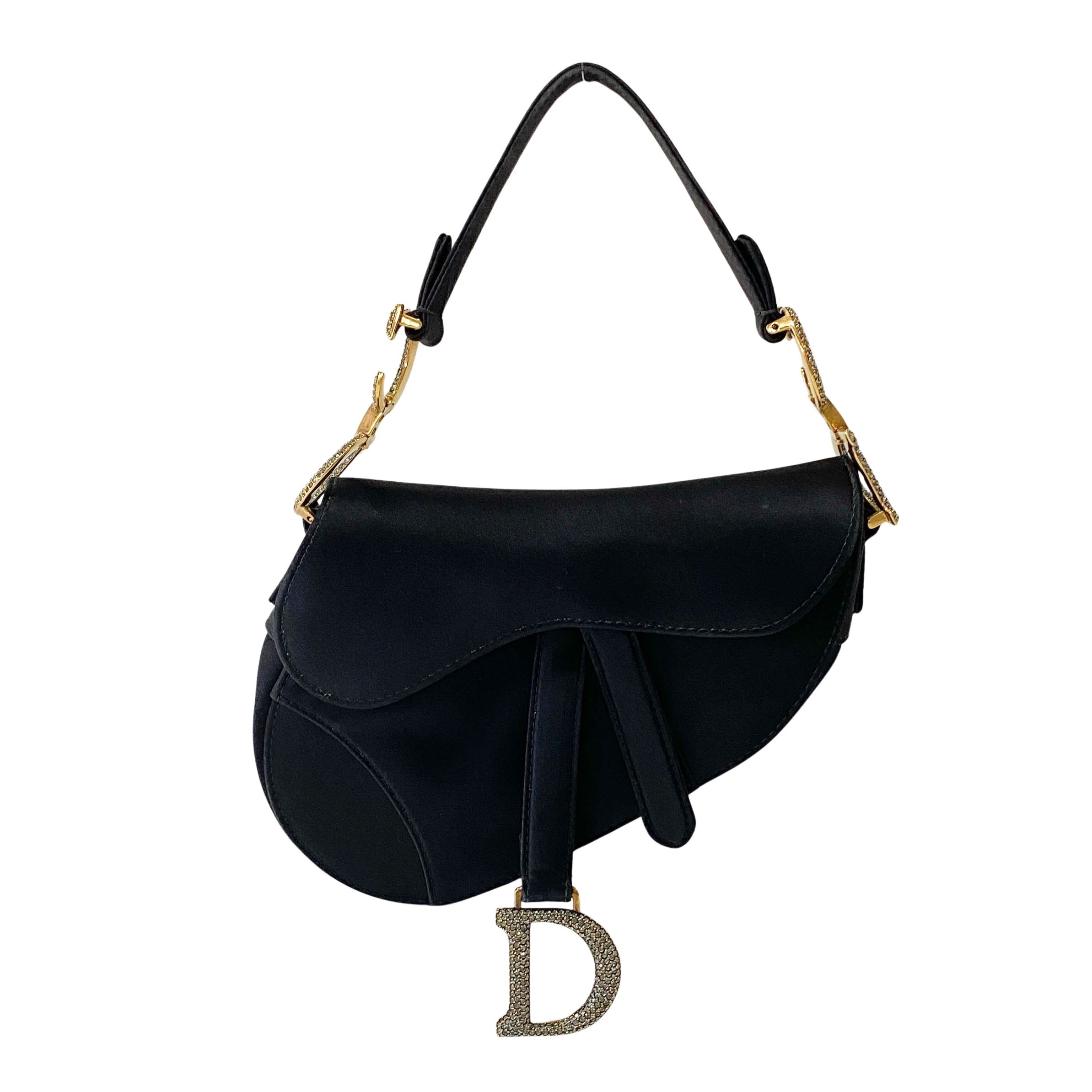 Mini Saddle Black Satin and Rhinestone Details Bag