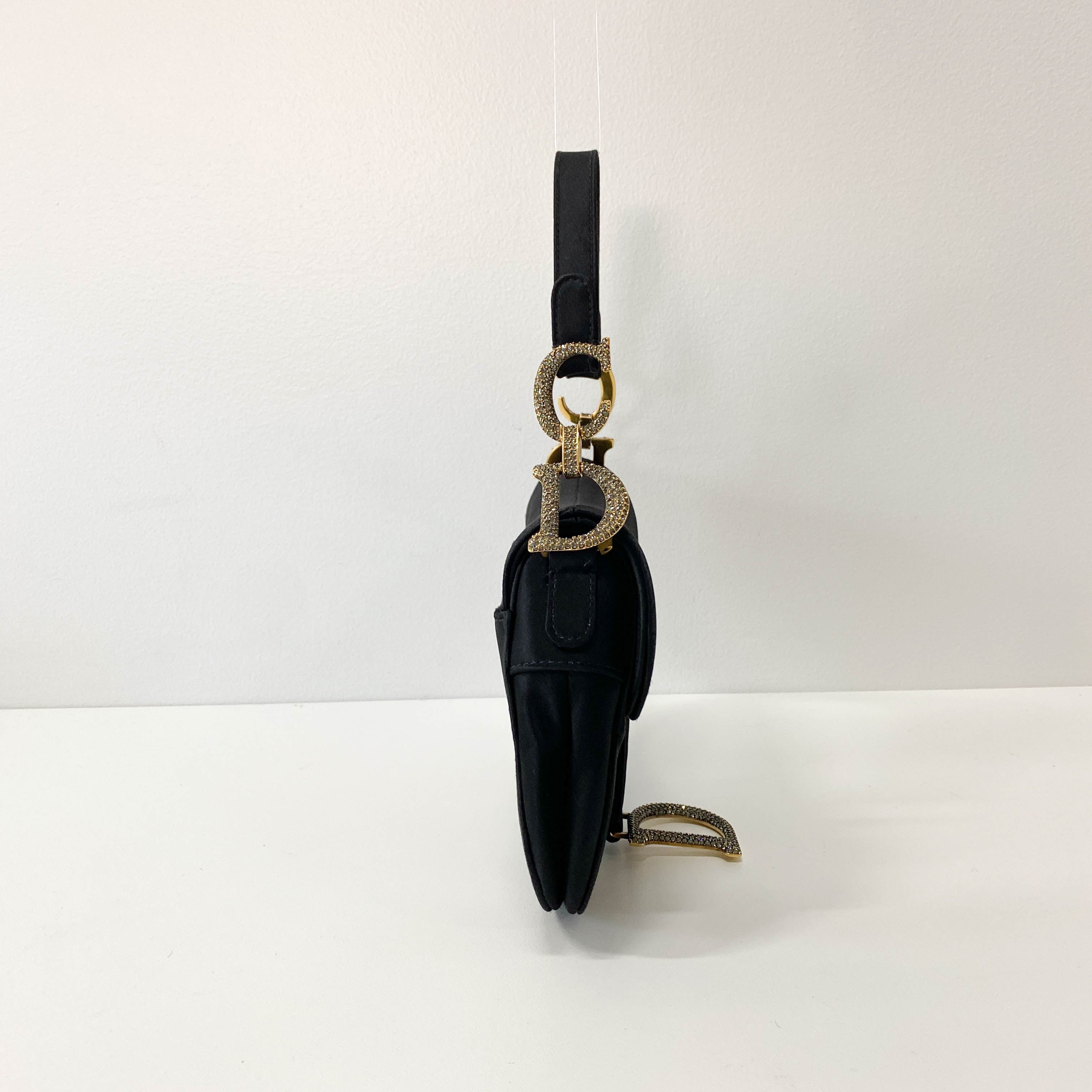 Mini Saddle Black Satin and Rhinestone Details Bag