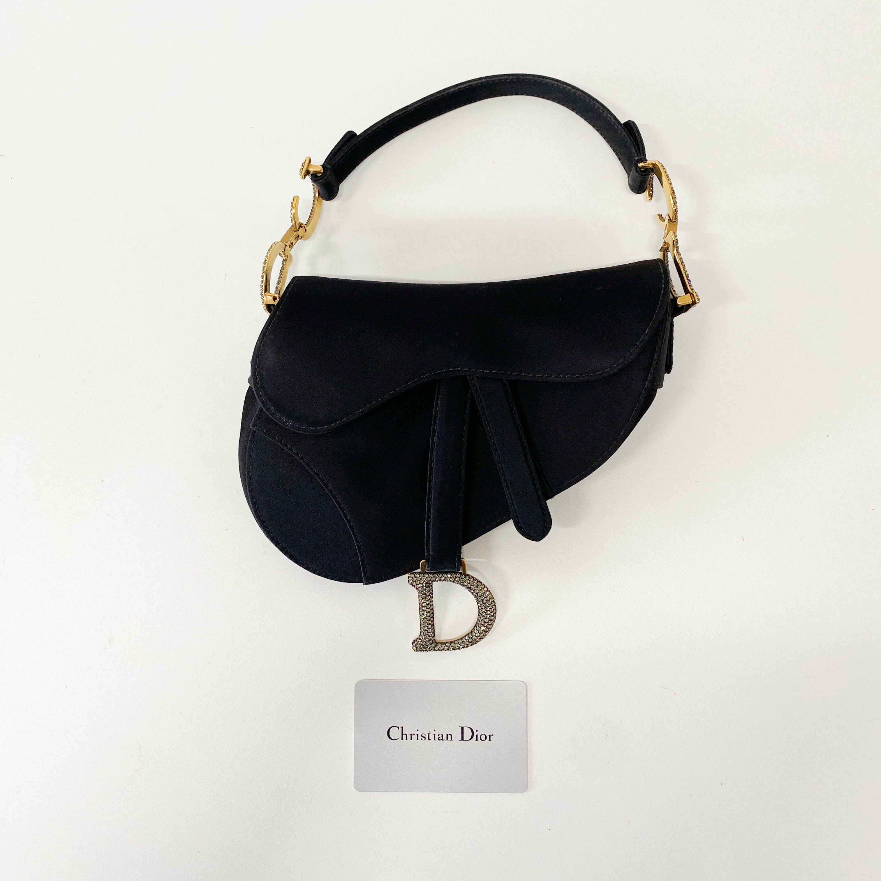 Mini Saddle Black Satin and Rhinestone Details Bag