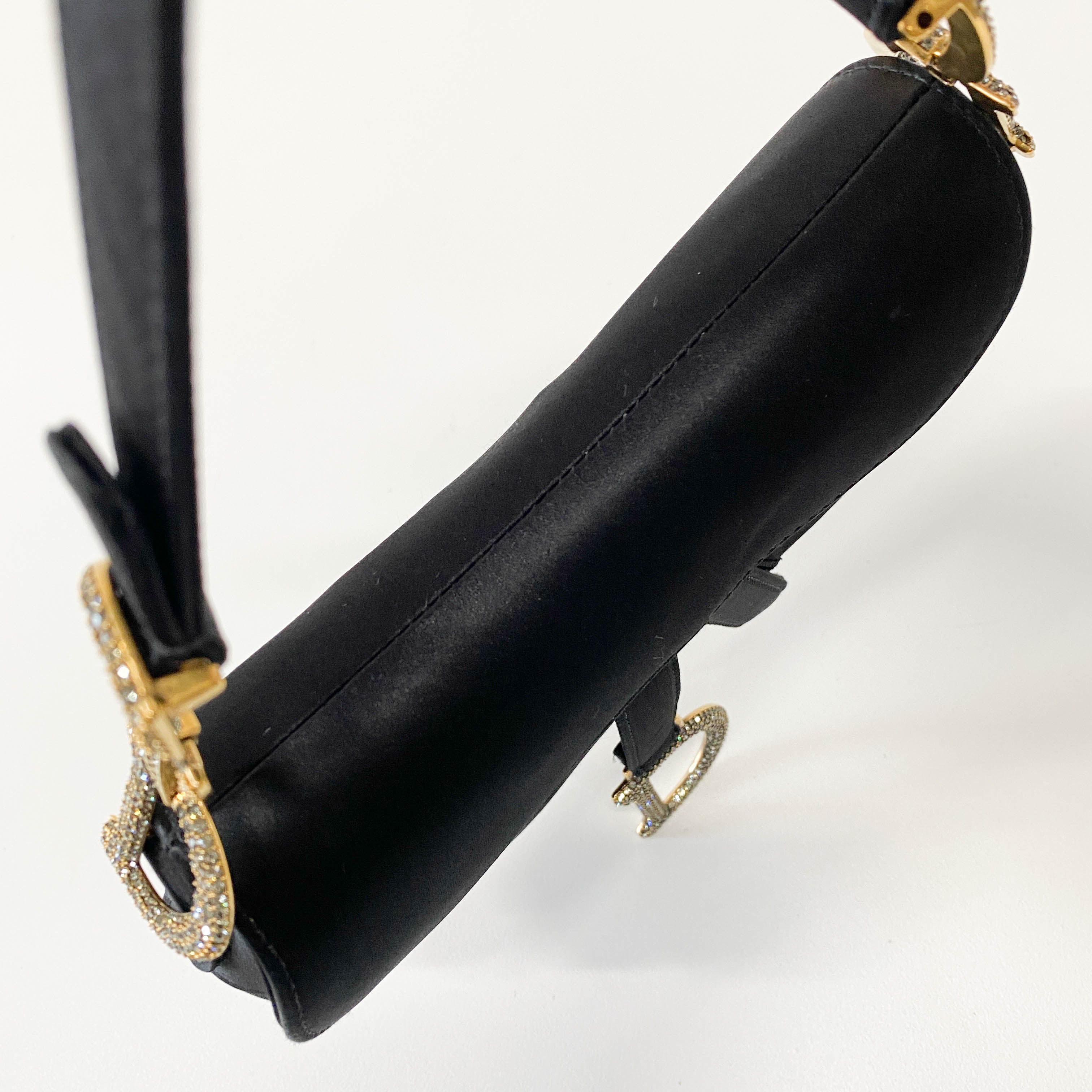 Mini Saddle Black Satin and Rhinestone Details Bag