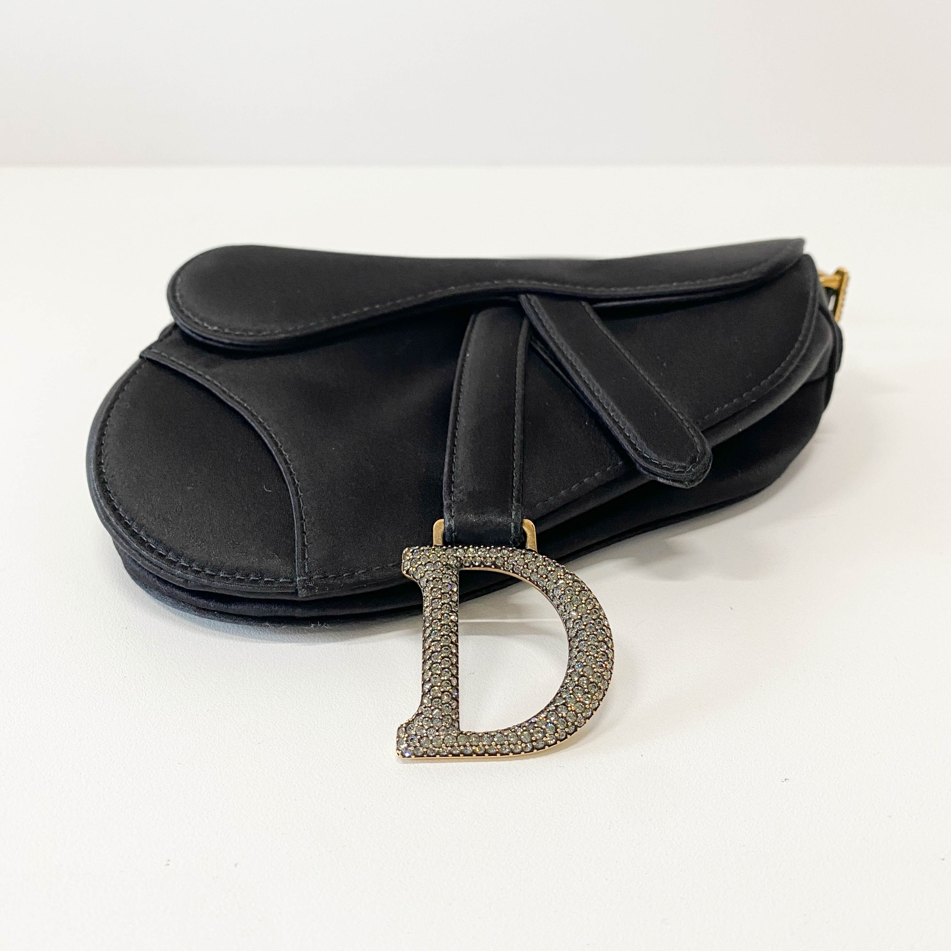Mini Saddle Black Satin and Rhinestone Details Bag