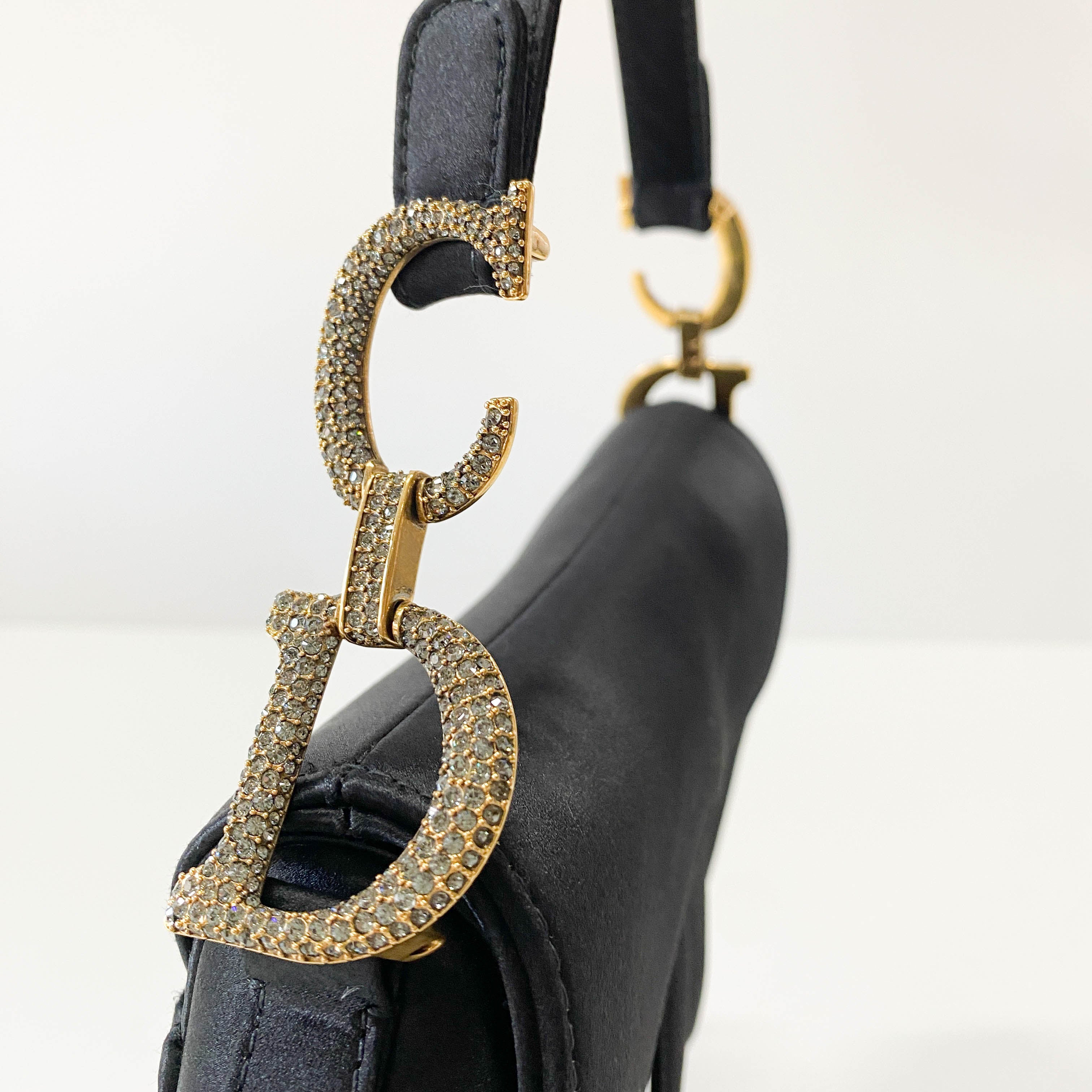 Mini Saddle Black Satin and Rhinestone Details Bag