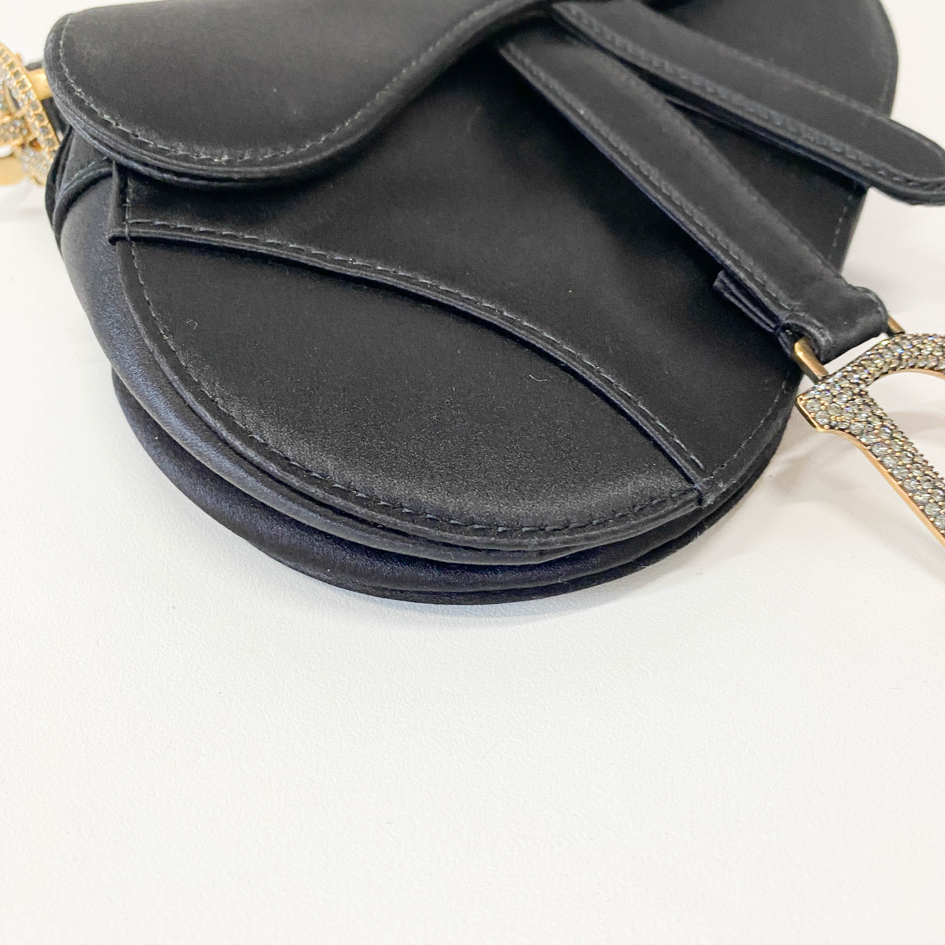 Mini Saddle Black Satin and Rhinestone Details Bag