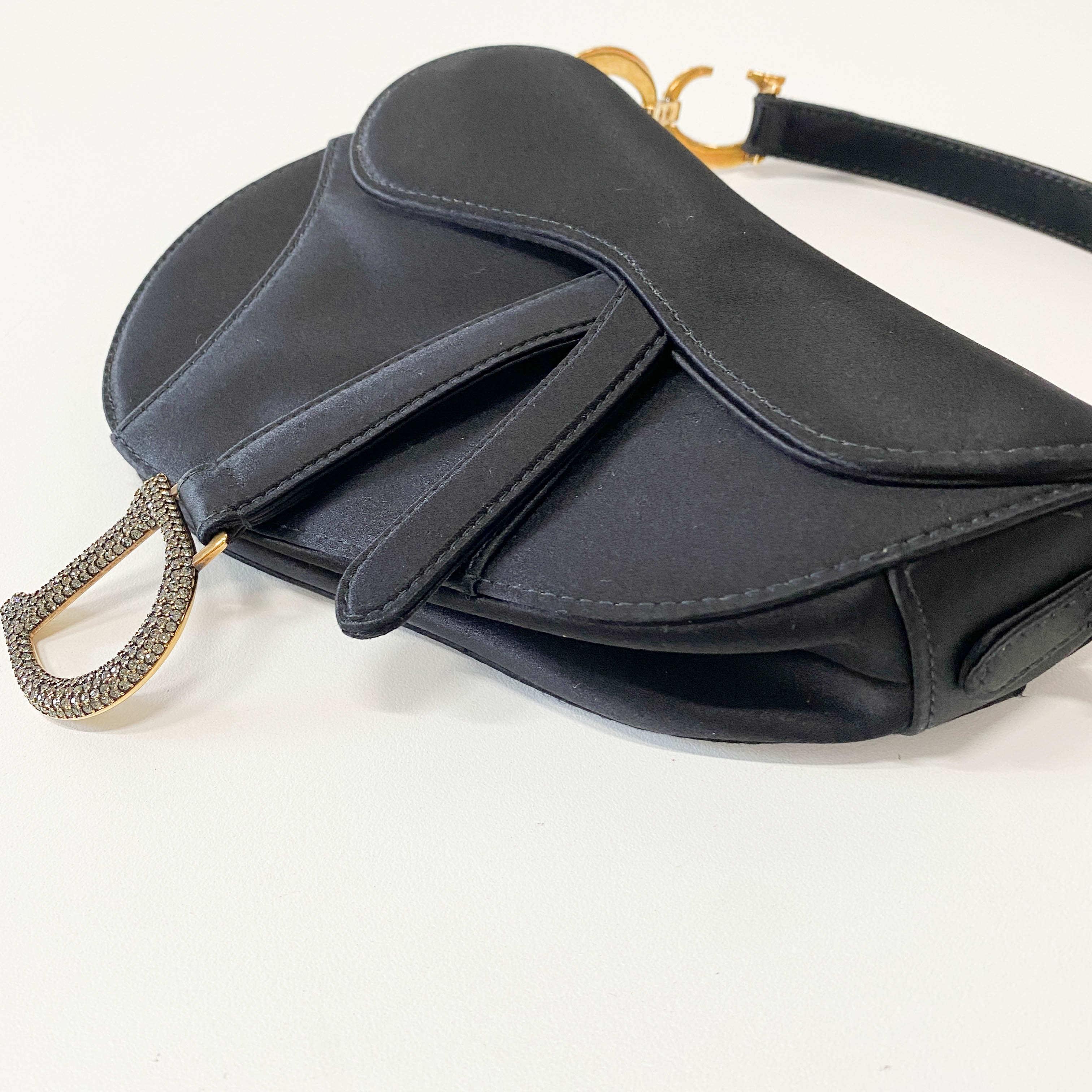 Mini Saddle Black Satin and Rhinestone Details Bag