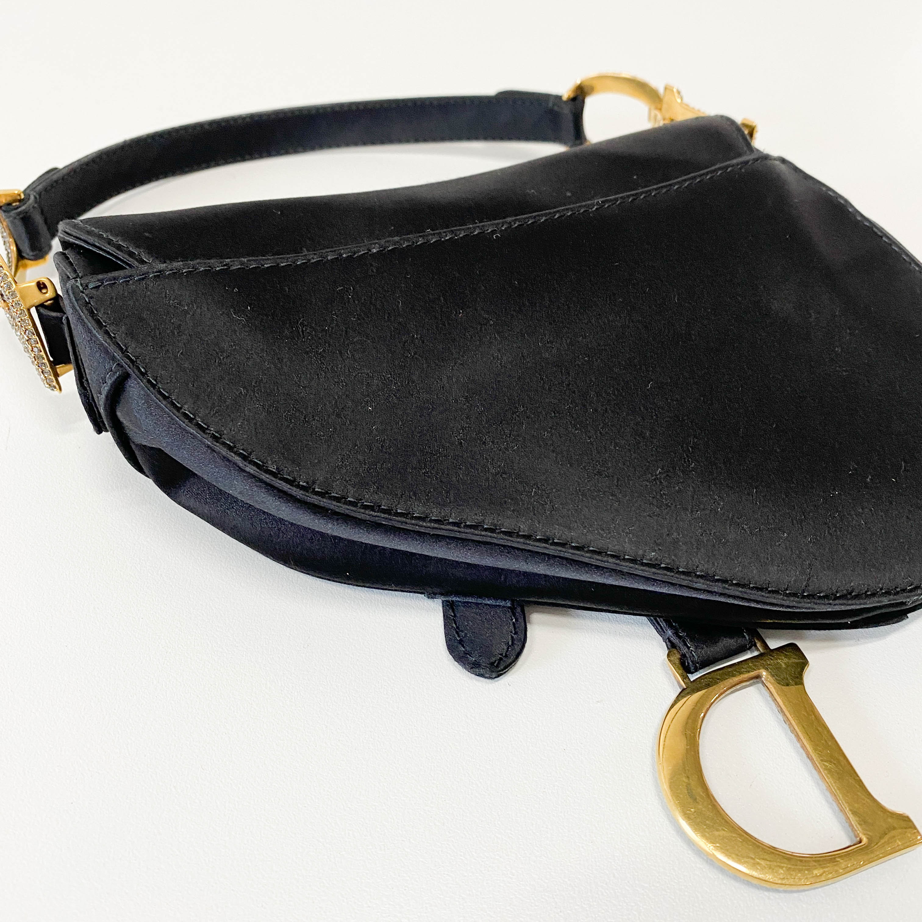 Mini Saddle Black Satin and Rhinestone Details Bag