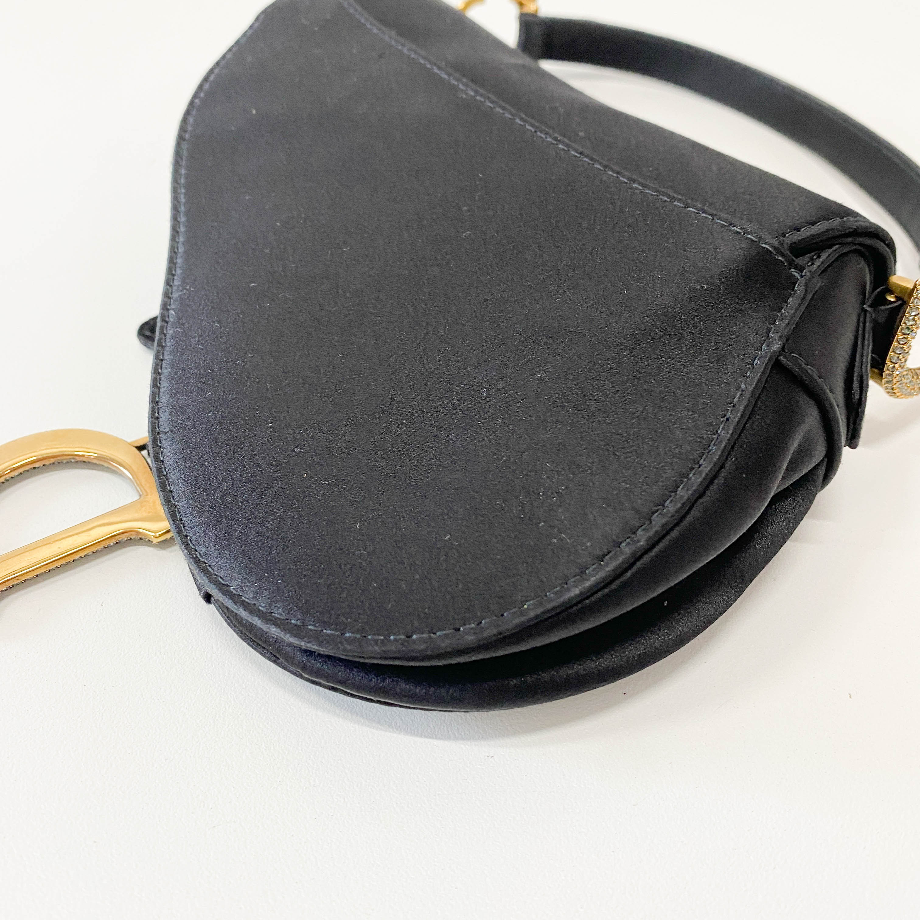 Mini Saddle Black Satin and Rhinestone Details Bag