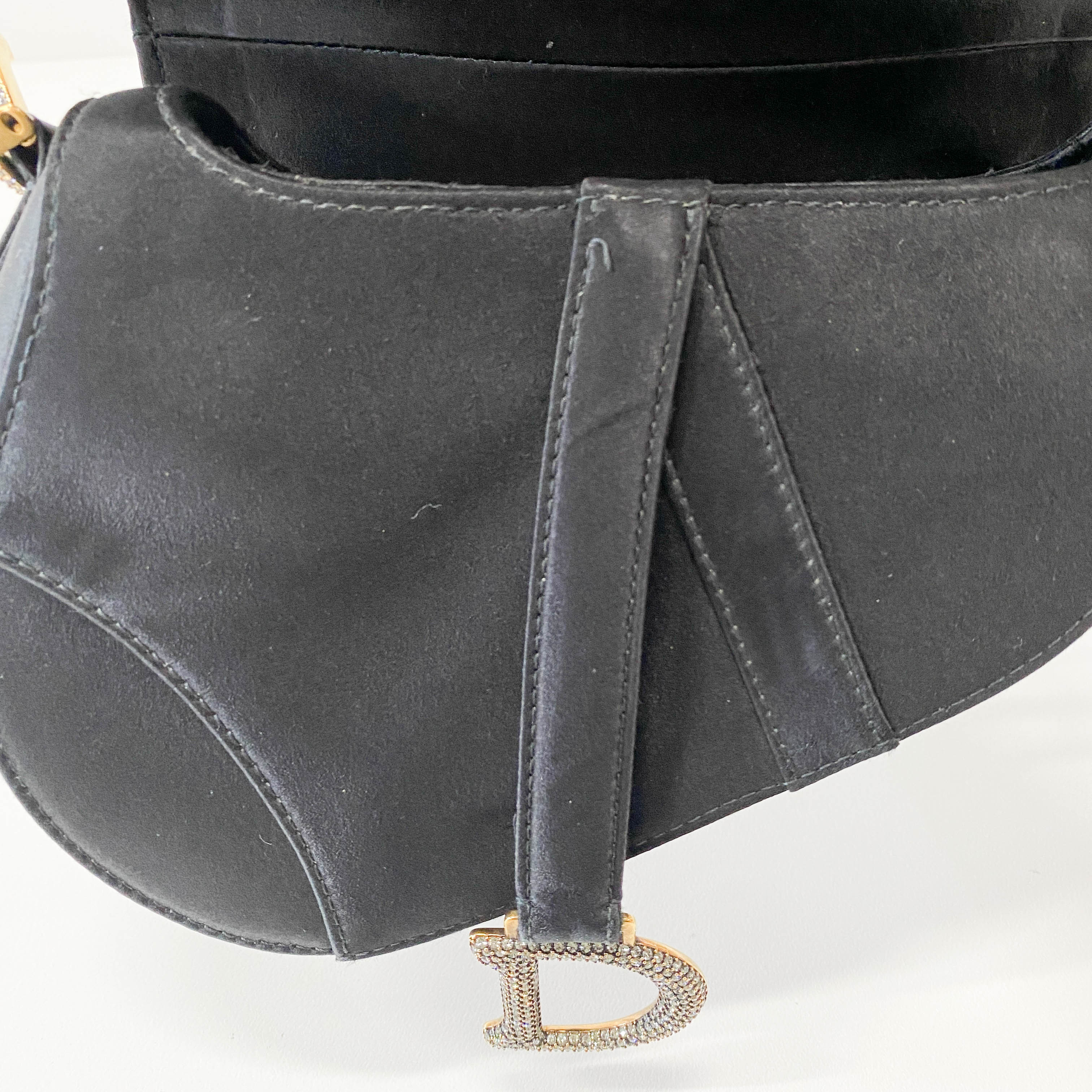 Mini Saddle Black Satin and Rhinestone Details Bag