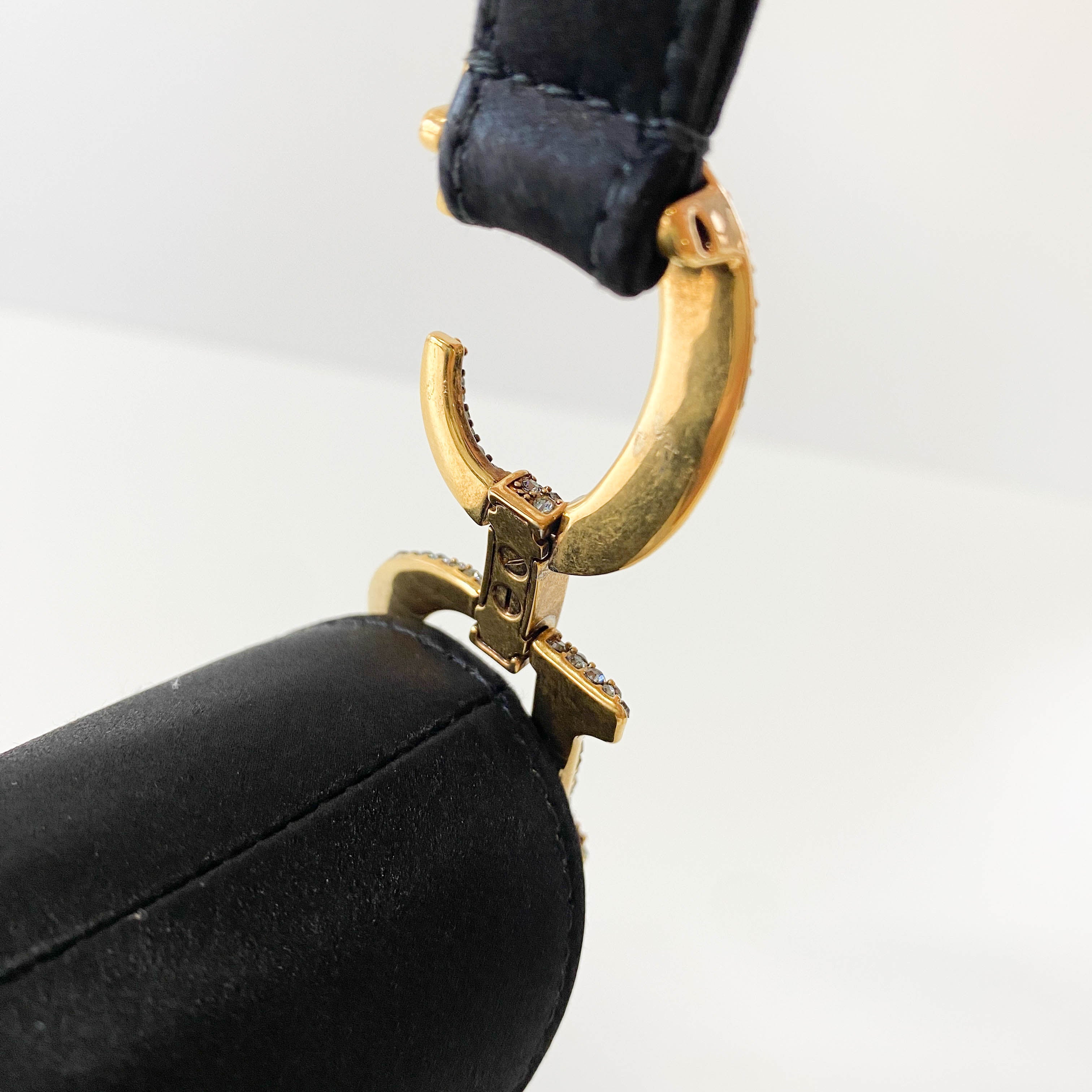 Mini Saddle Black Satin and Rhinestone Details Bag