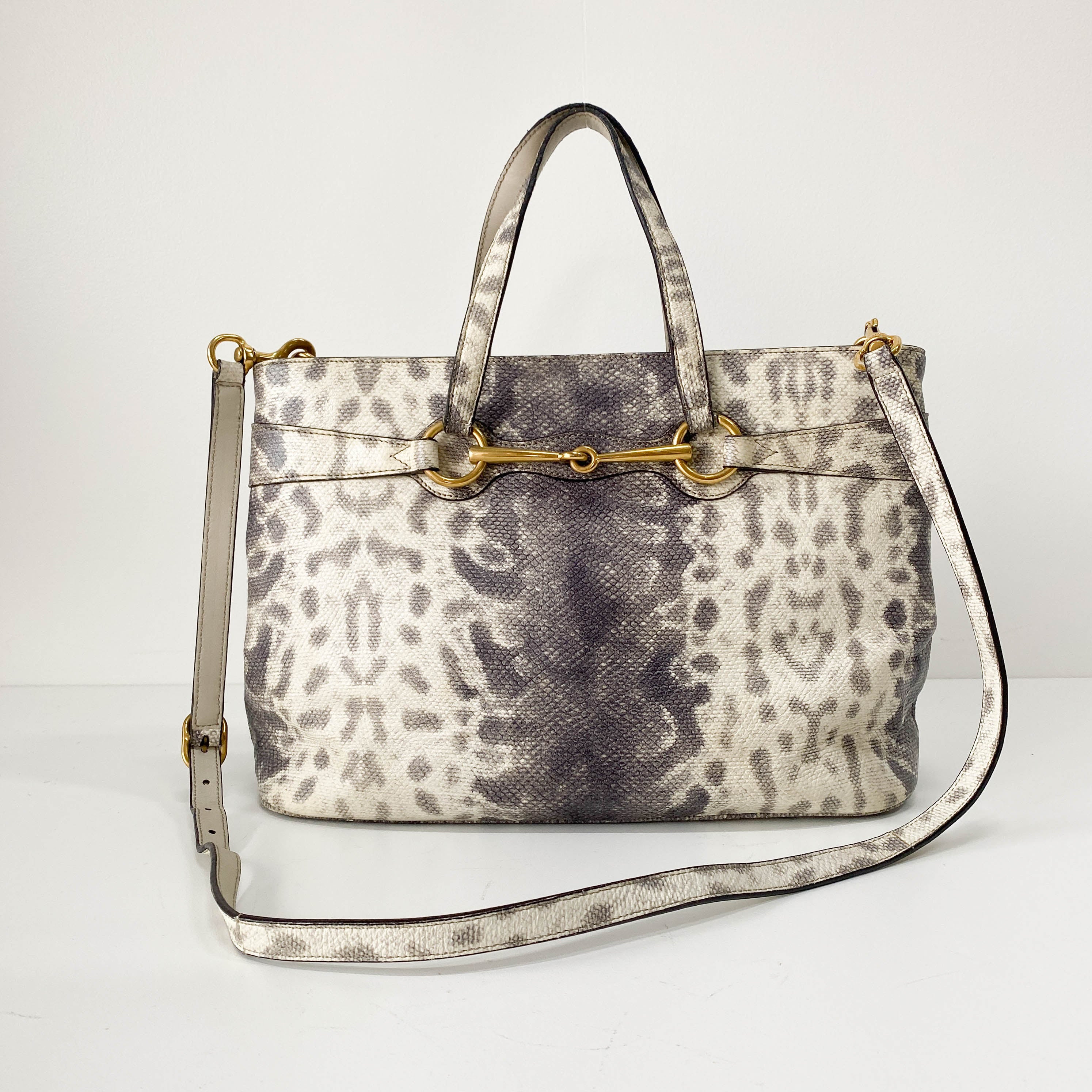 Horsebit Off-White Python Embossed Leather Shoulder Bag