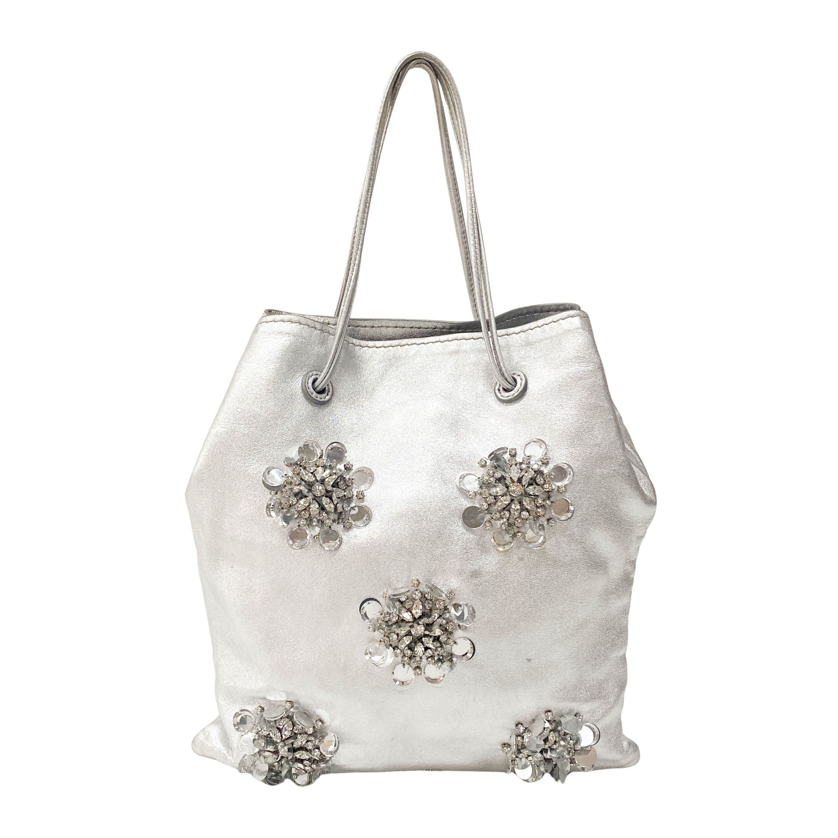 Silver Leather Floral Sequin Embroidered Shoulder Bag