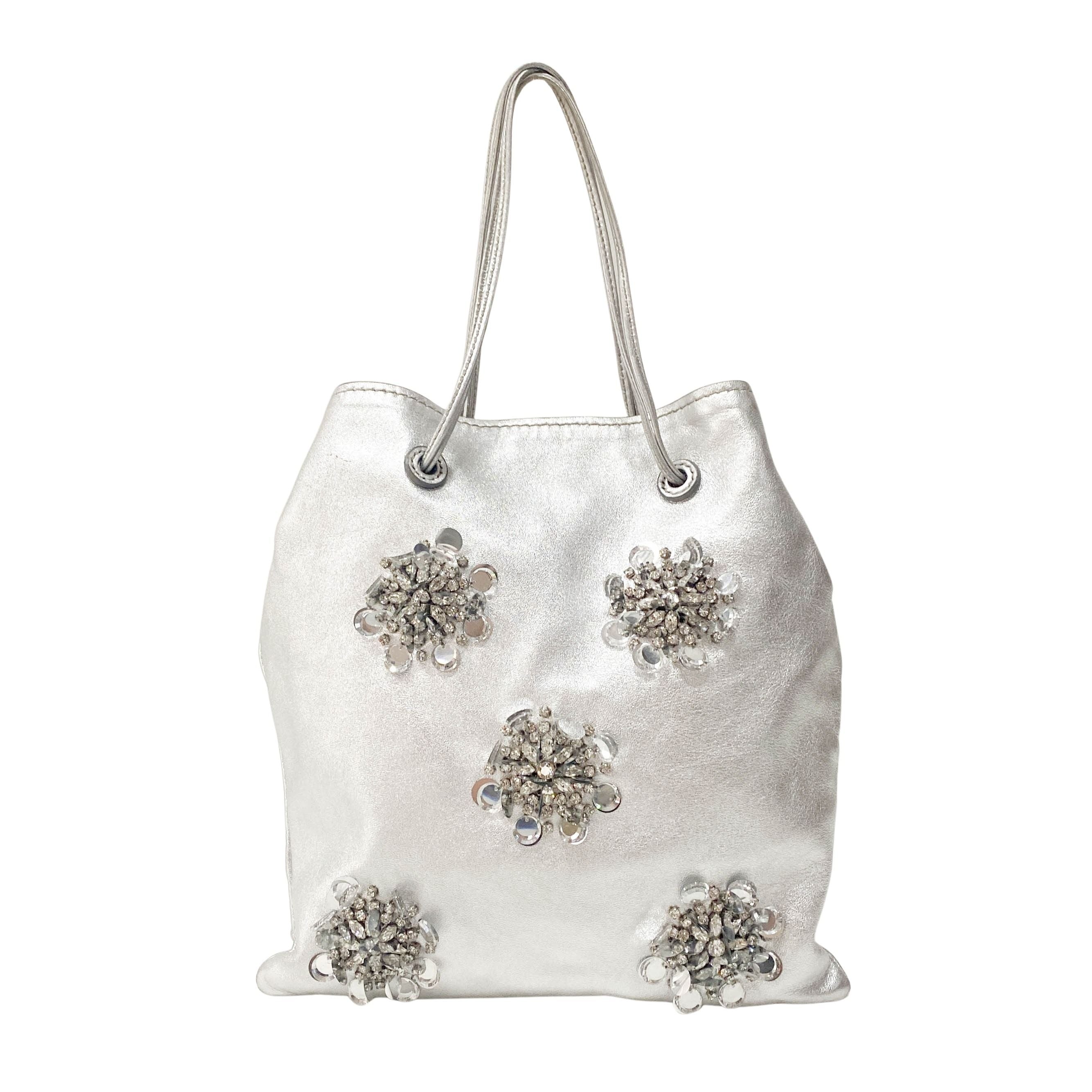 Silver Leather Floral Sequin Embroidered Shoulder Bag