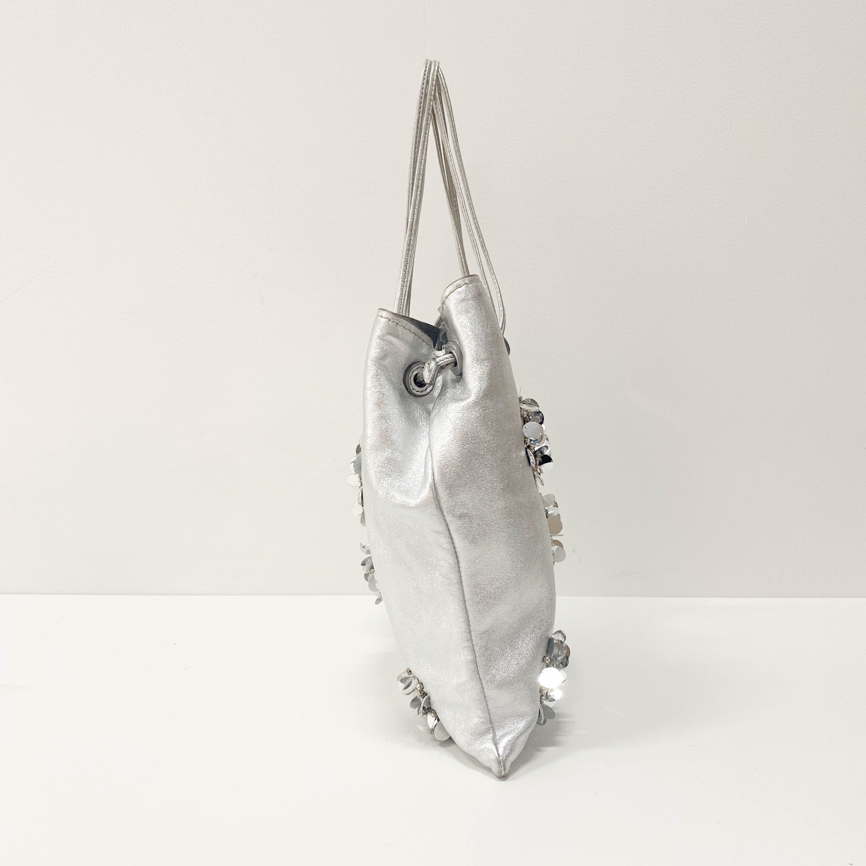 Silver Leather Floral Sequin Embroidered Shoulder Bag