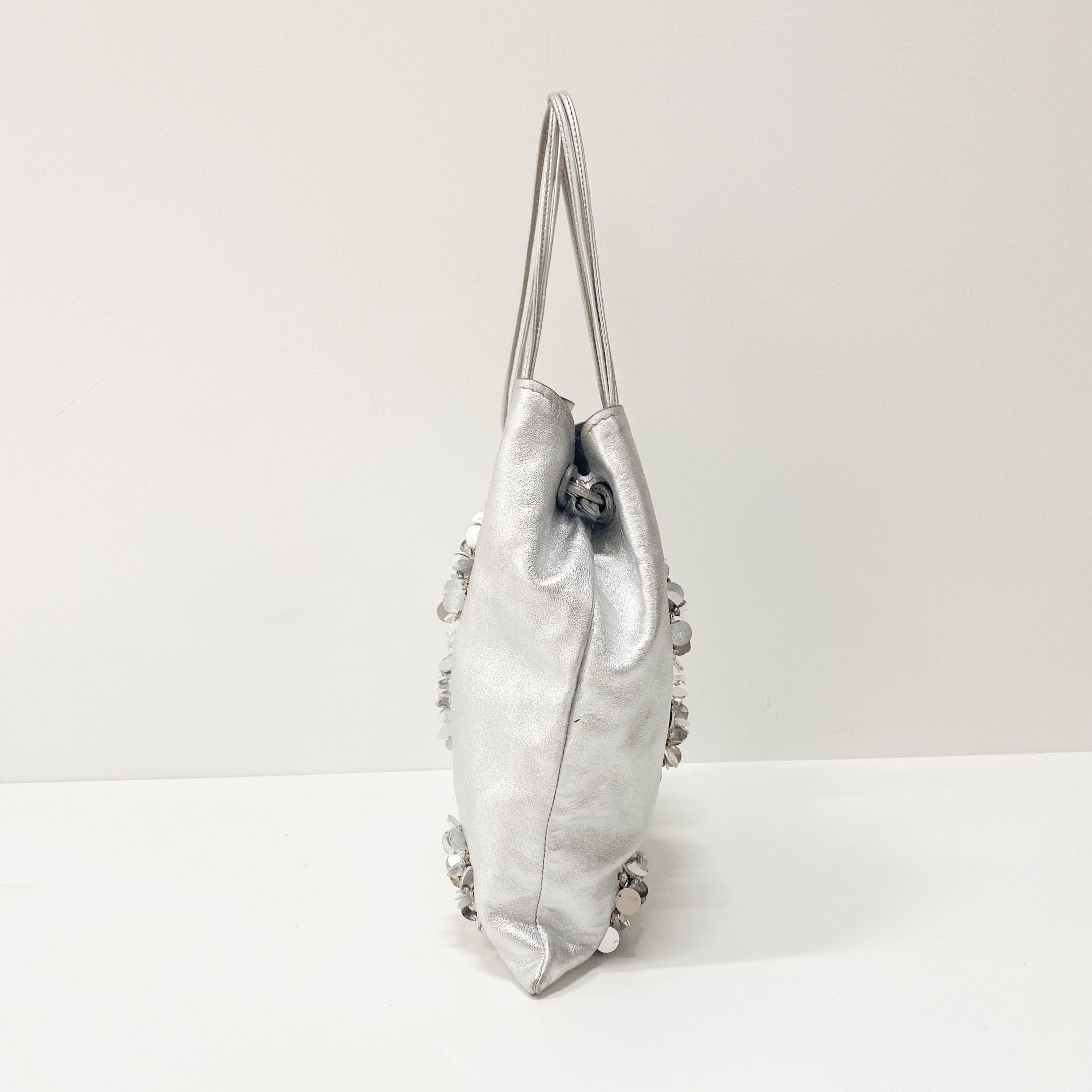 Silver Leather Floral Sequin Embroidered Shoulder Bag