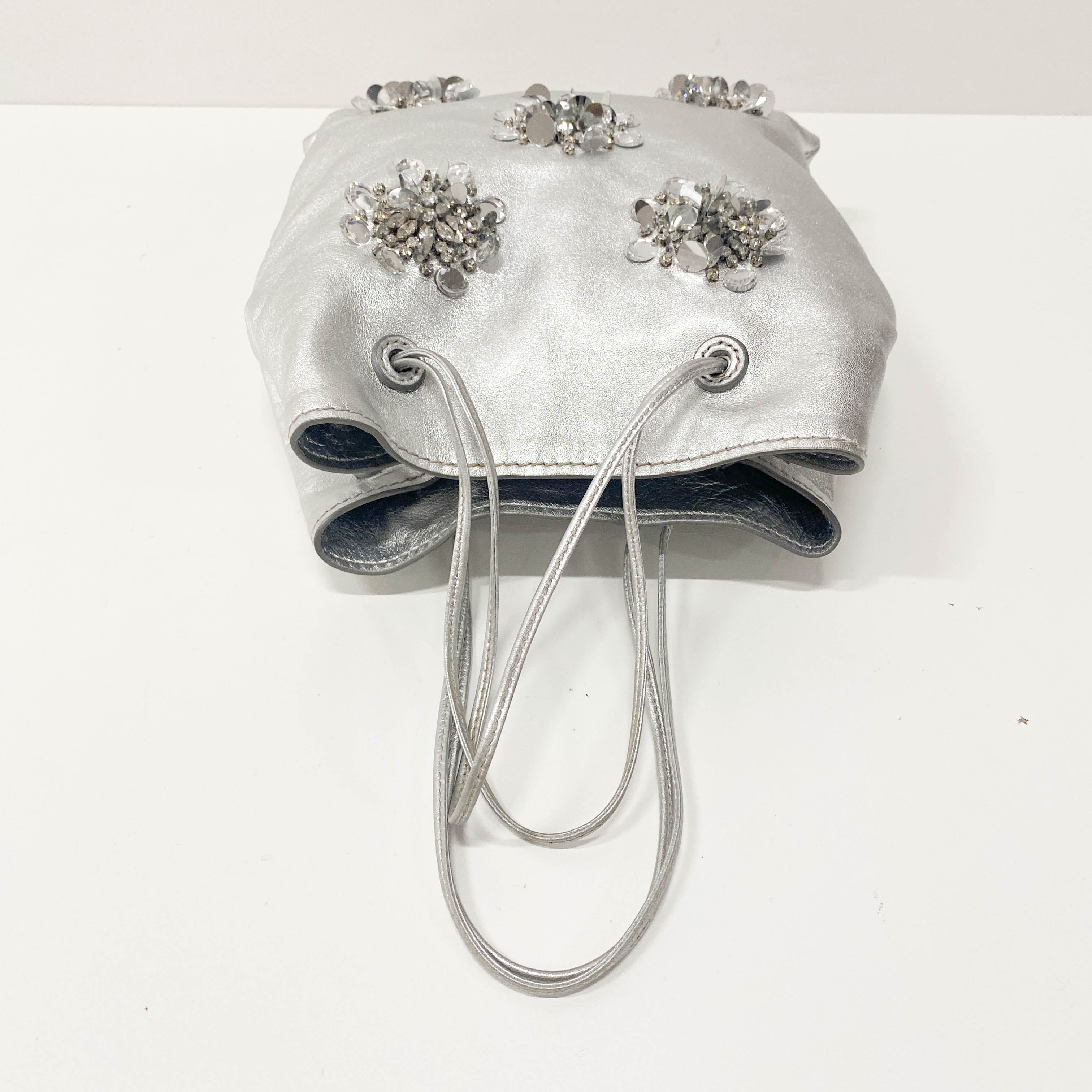 Silver Leather Floral Sequin Embroidered Shoulder Bag