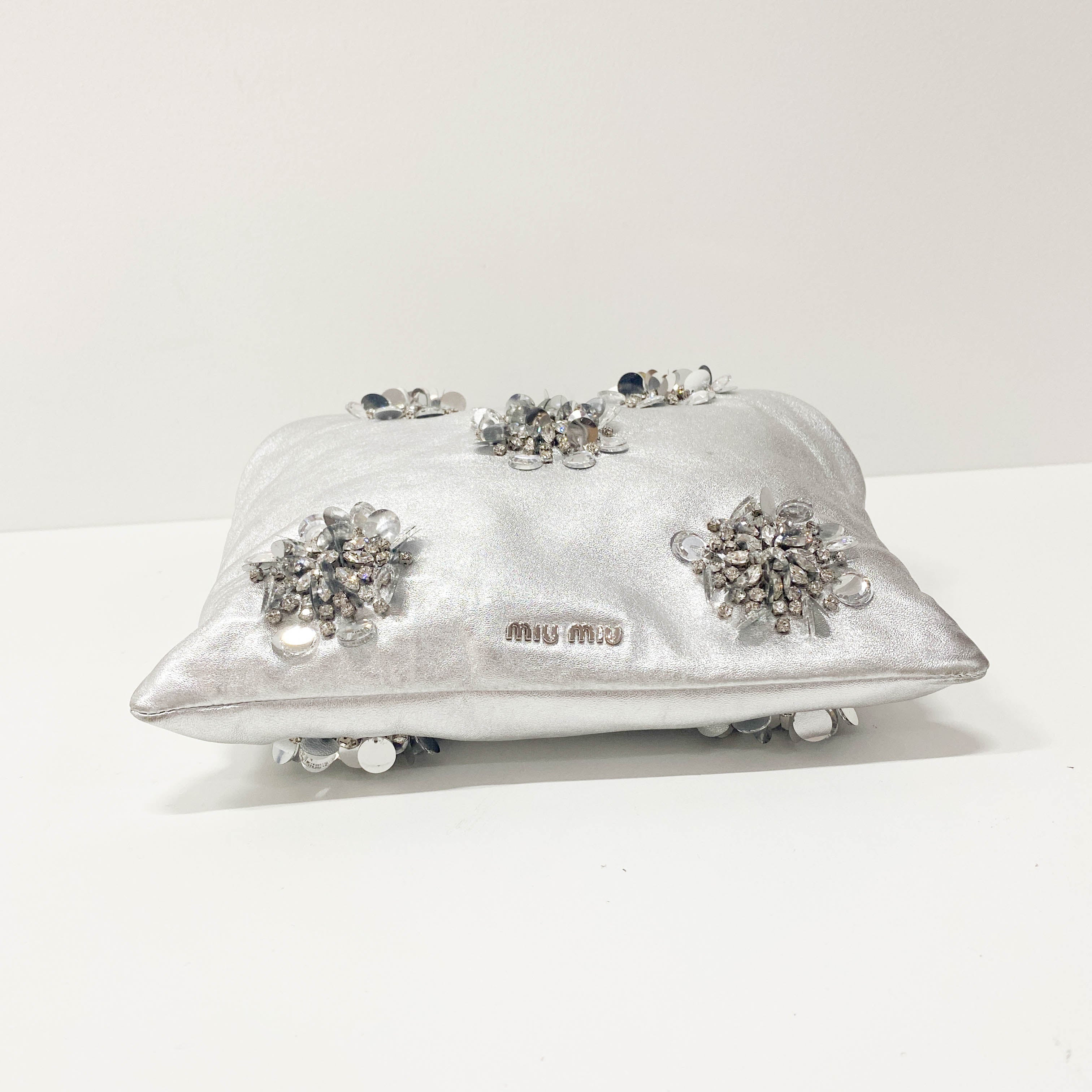 Silver Leather Floral Sequin Embroidered Shoulder Bag