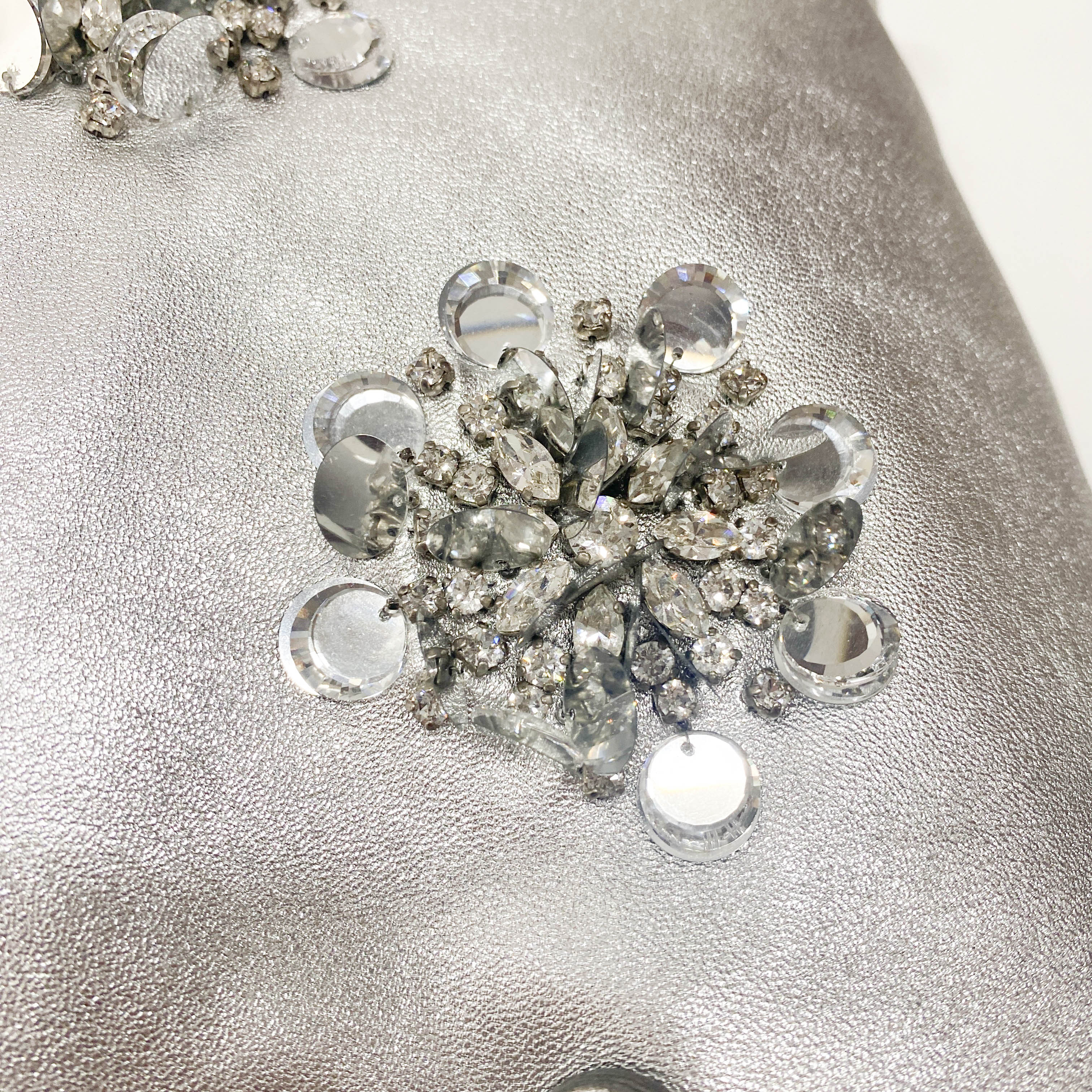 Silver Leather Floral Sequin Embroidered Shoulder Bag