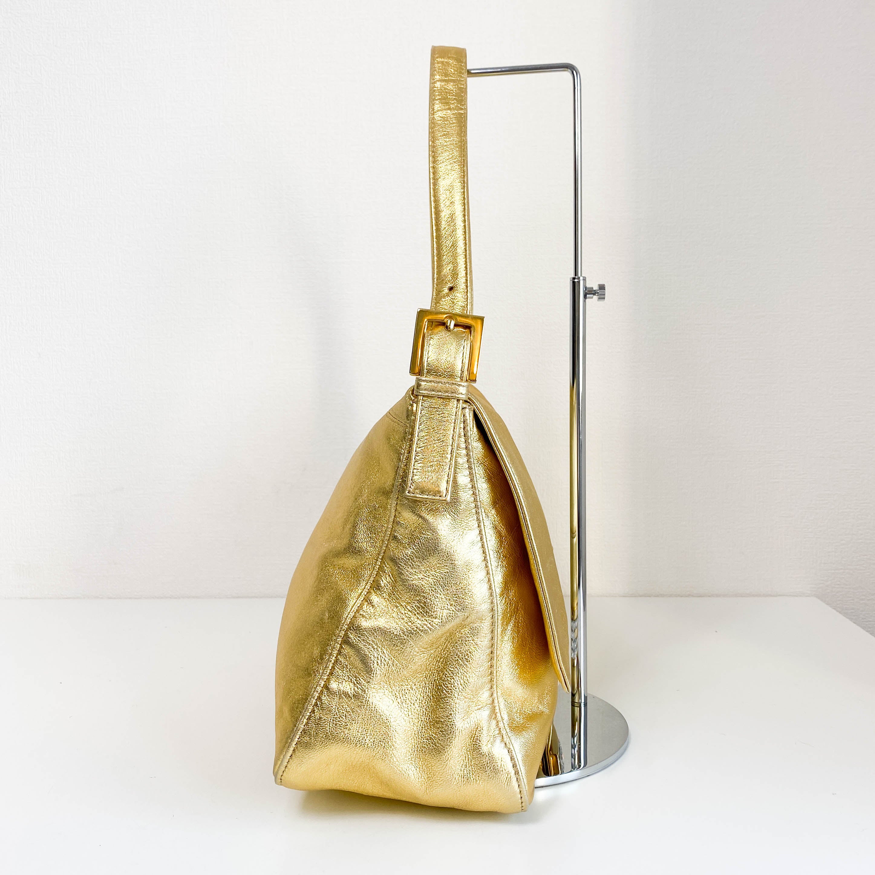 Mamma Baguette Gold Metallic Leather / Rhinestone Hardware Shoulder Bag