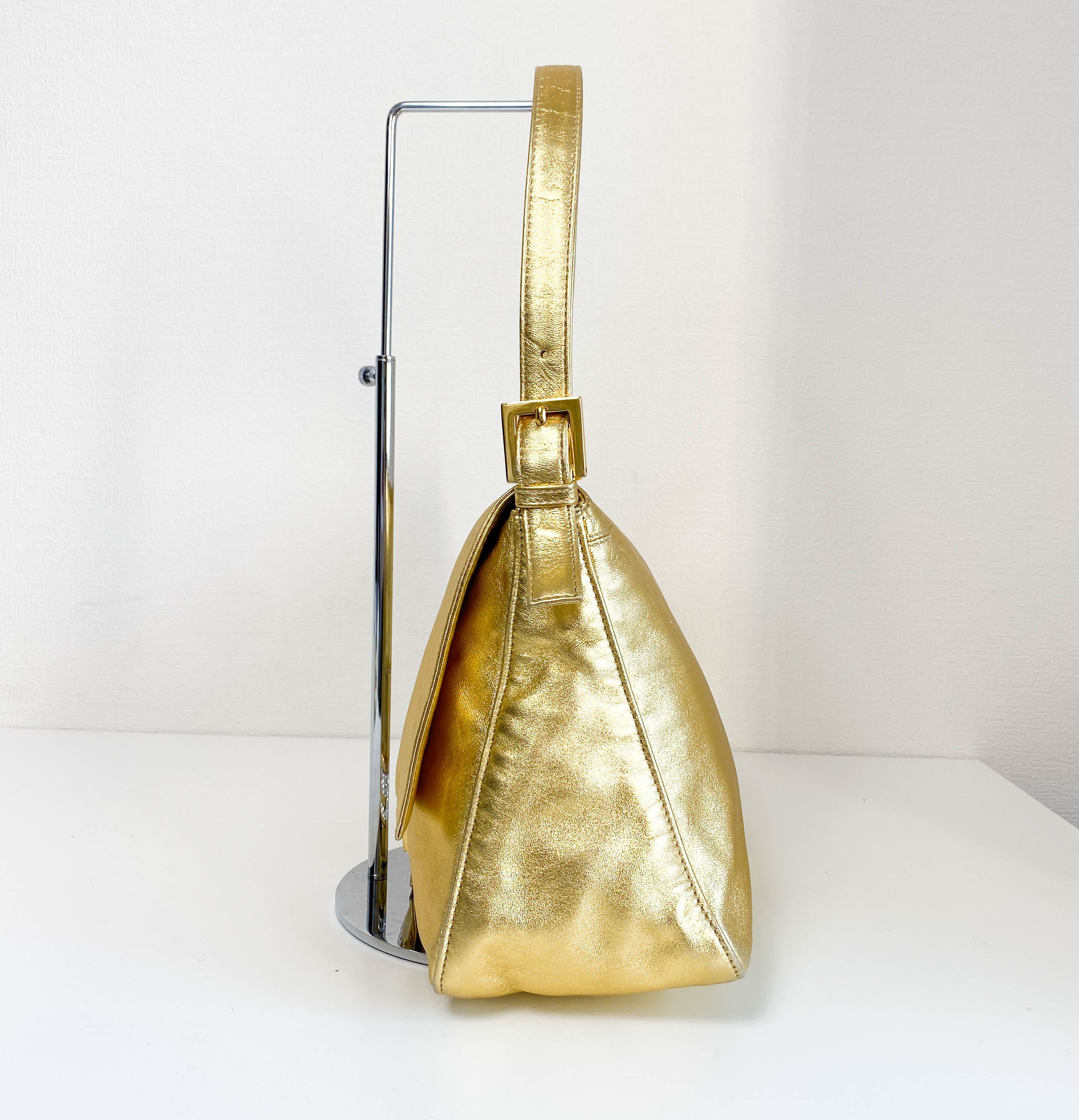 Mamma Baguette Gold Metallic Leather / Rhinestone Hardware Shoulder Bag