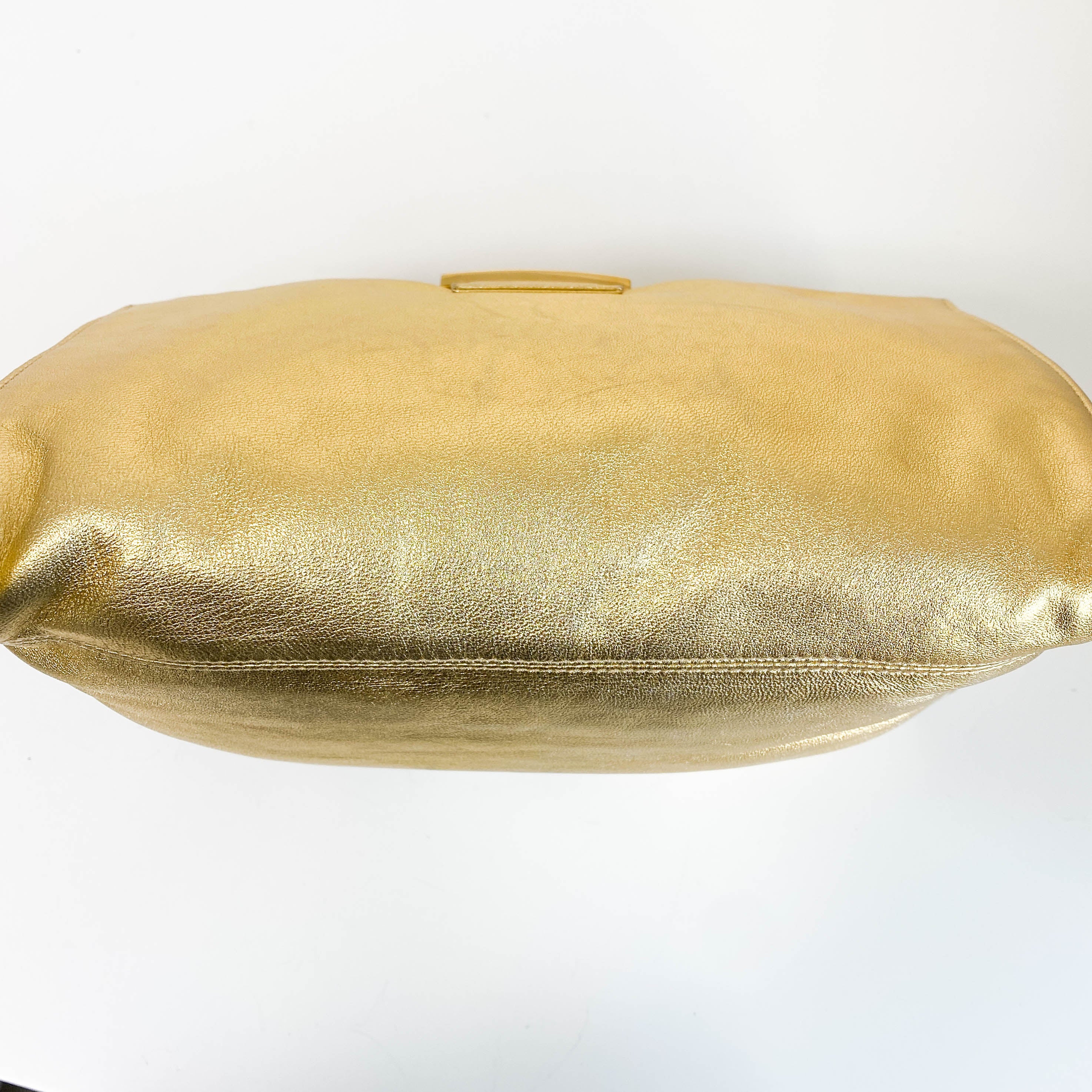 Mamma Baguette Gold Metallic Leather / Rhinestone Hardware Shoulder Bag