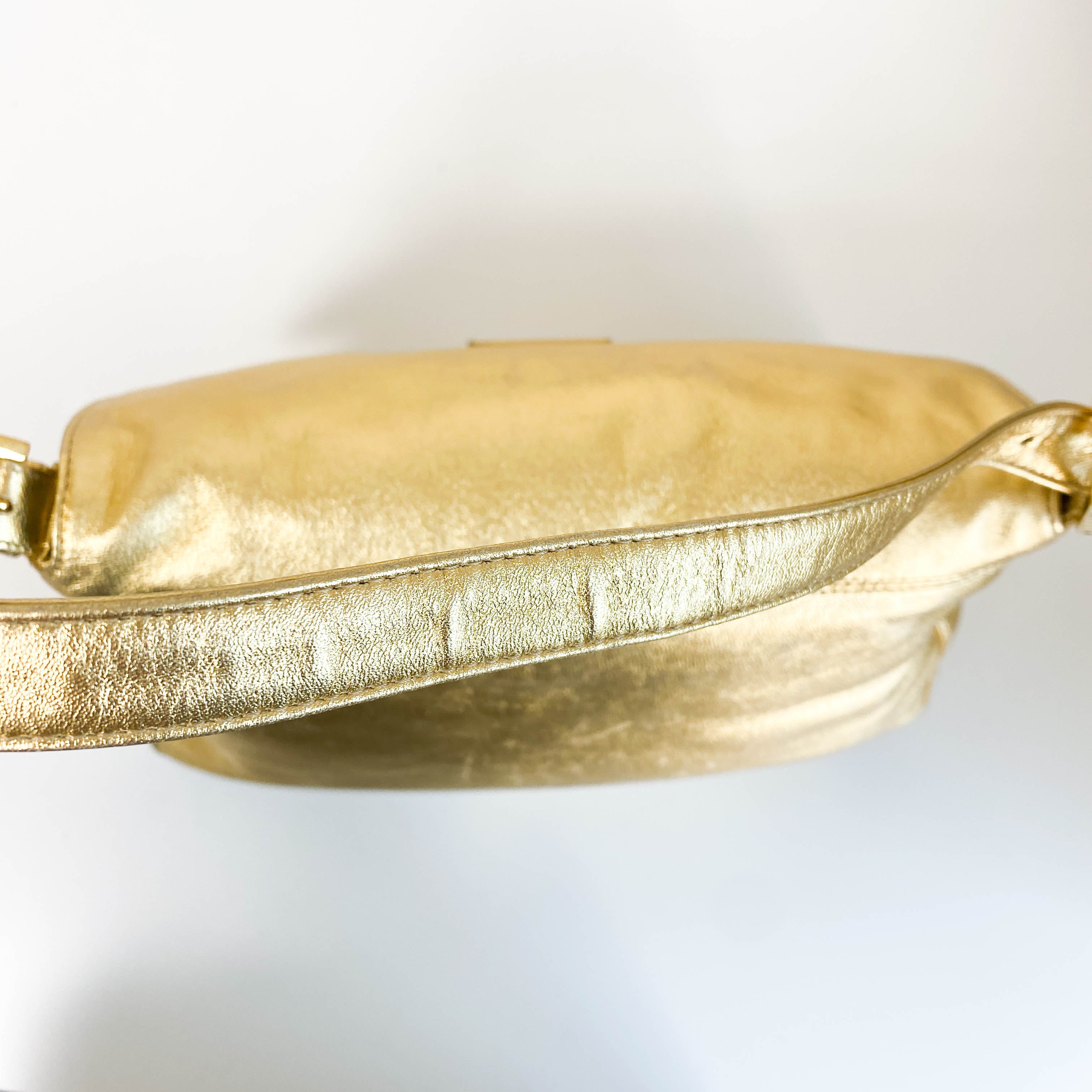 Mamma Baguette Gold Metallic Leather / Rhinestone Hardware Shoulder Bag