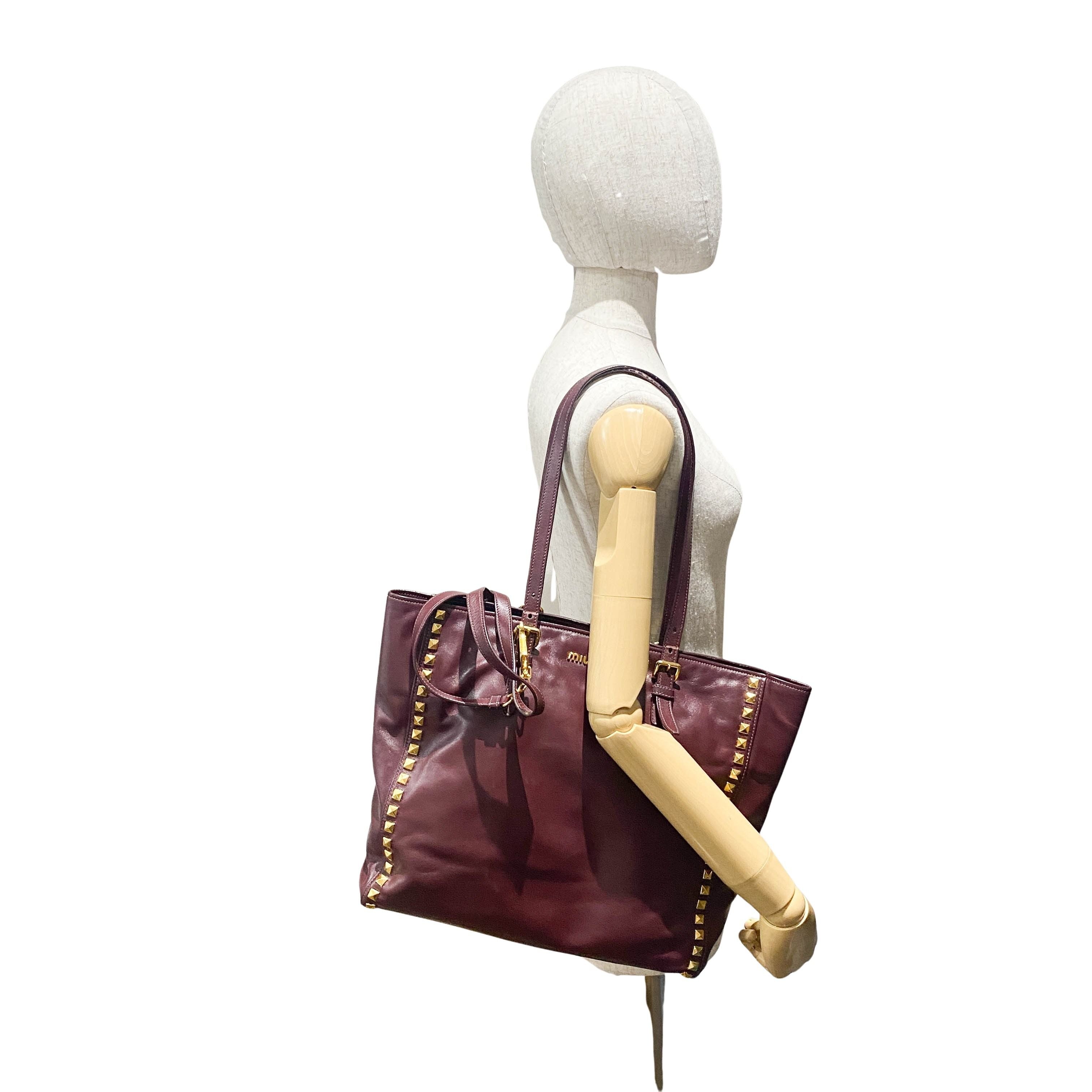 Burgundy Leather Studs Shoulder Bag
