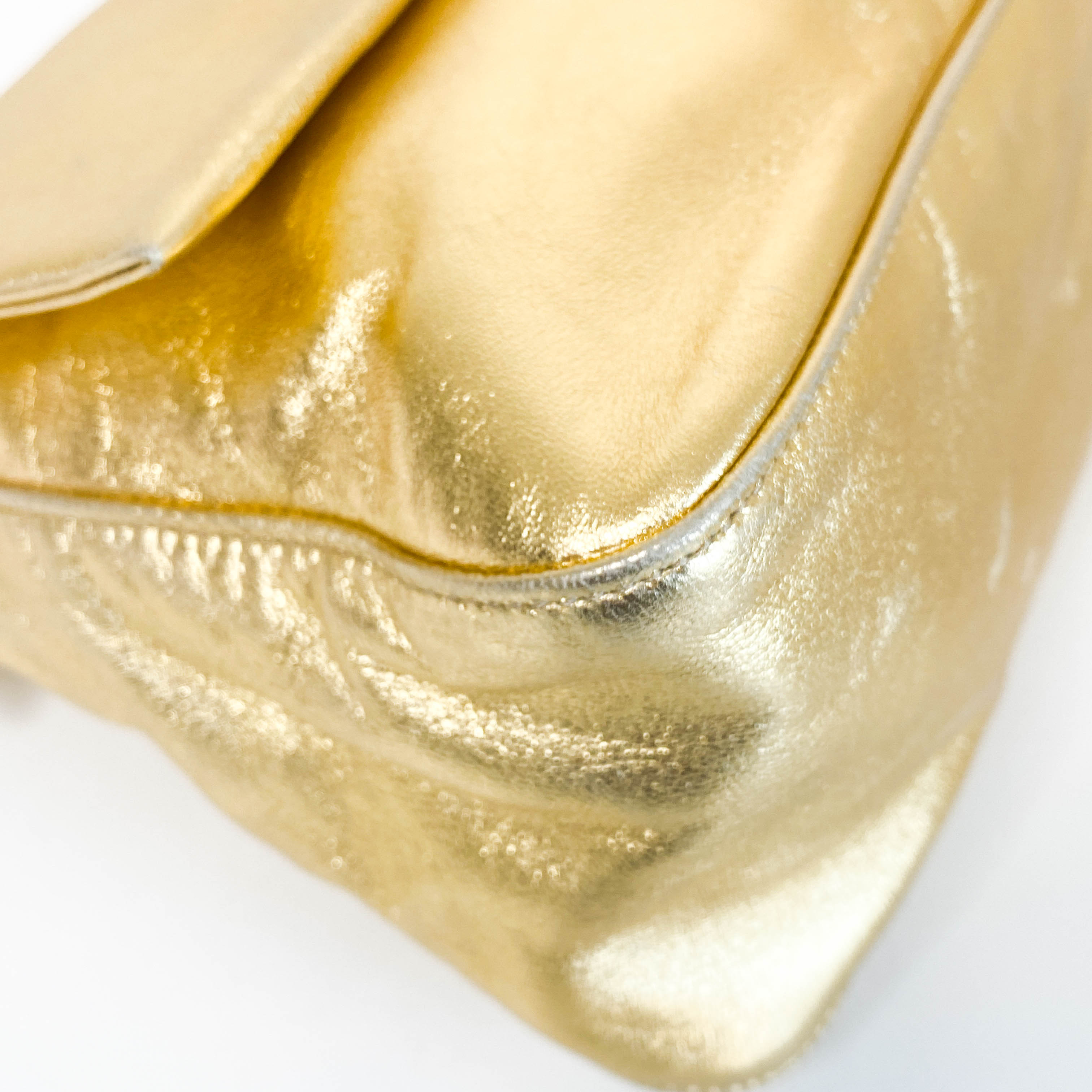 Mamma Baguette Gold Metallic Leather / Rhinestone Hardware Shoulder Bag